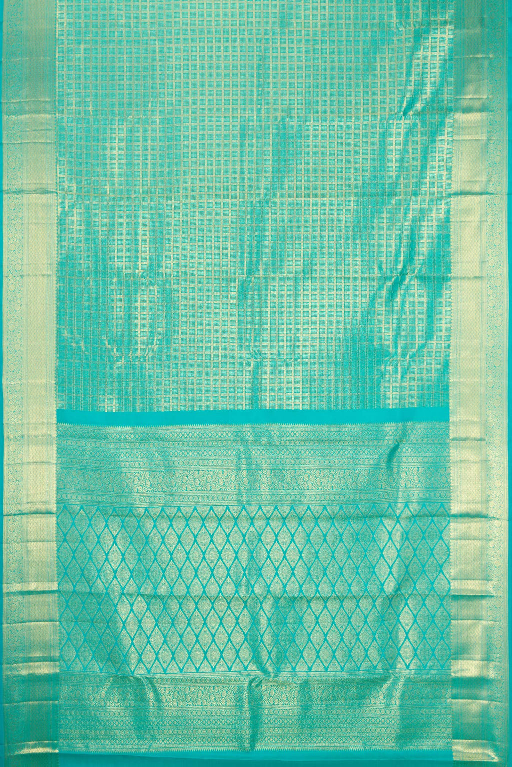 Flat view of Sky Blue Kanchipuram Silk Saree with Zari Brocade on the body and Zari Border. 