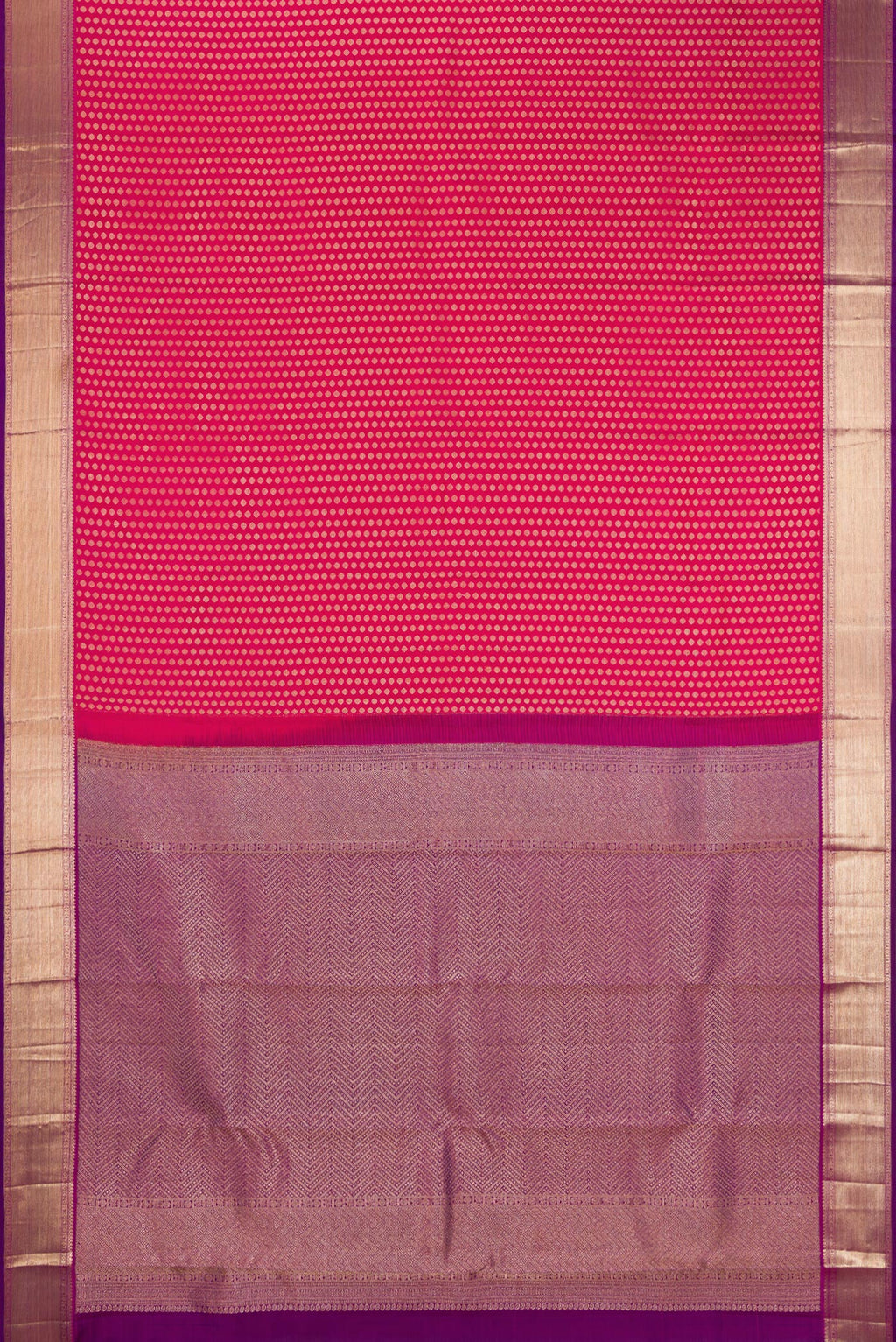 Flat view of Dark Pink Kanchipuram Silk Saree with Zari Brocade on the body and Zari Border. 