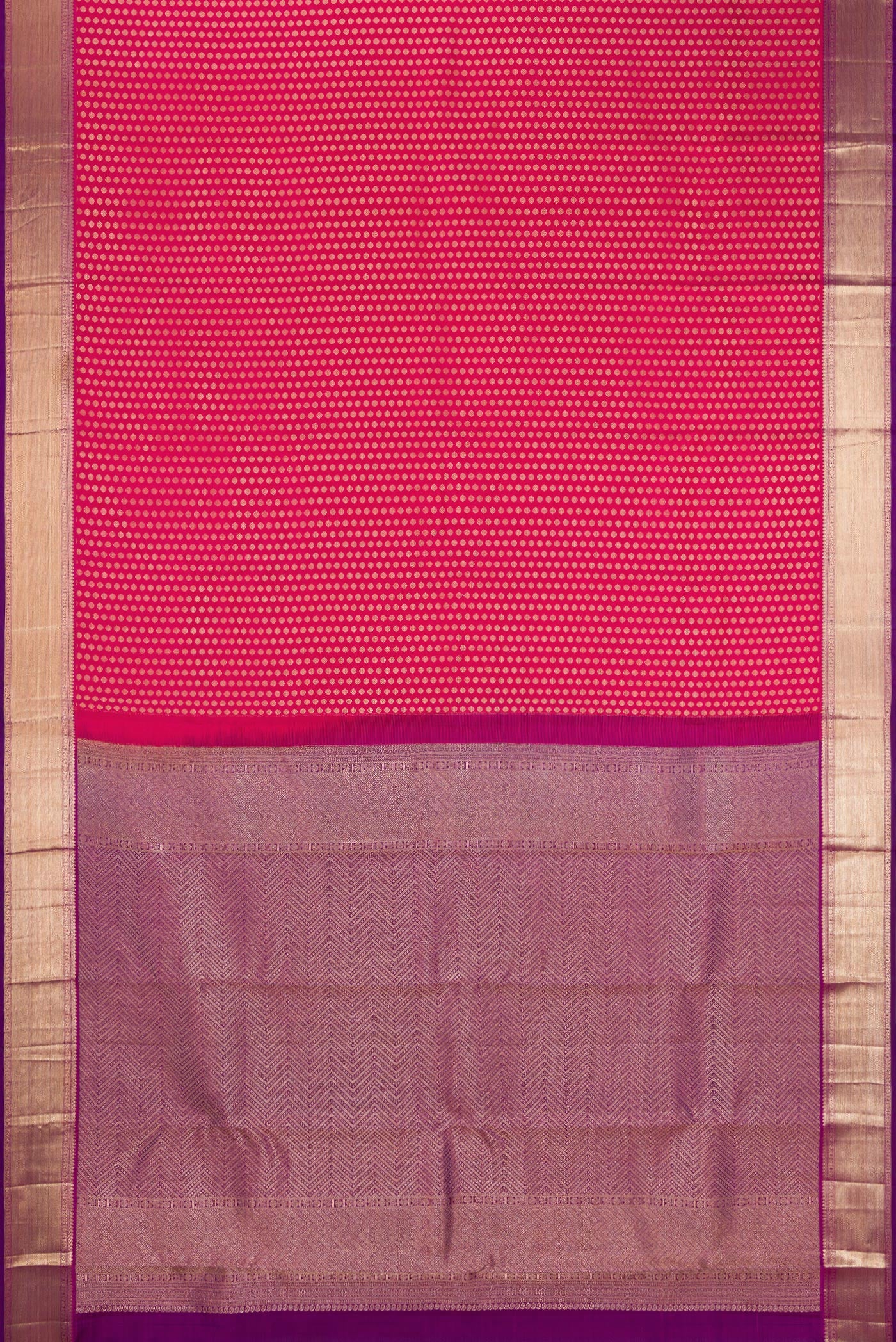 Flat view of Dark Pink Kanchipuram Silk Saree with Zari Brocade on the body and Zari Border. 