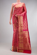 Dark Pink Kanchipuram Silk Saree with Zari Brocade on the body and Zari Border.  displayed on a mannequin