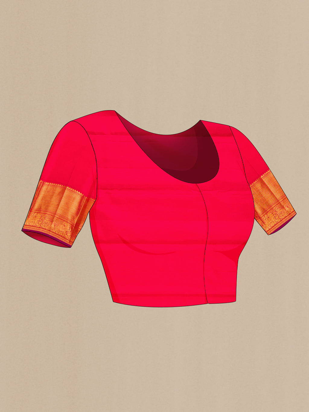 Close up image of the blouse of Red Kanchipuram Silk Saree with Zari Brocade on the body and Zari Border. 