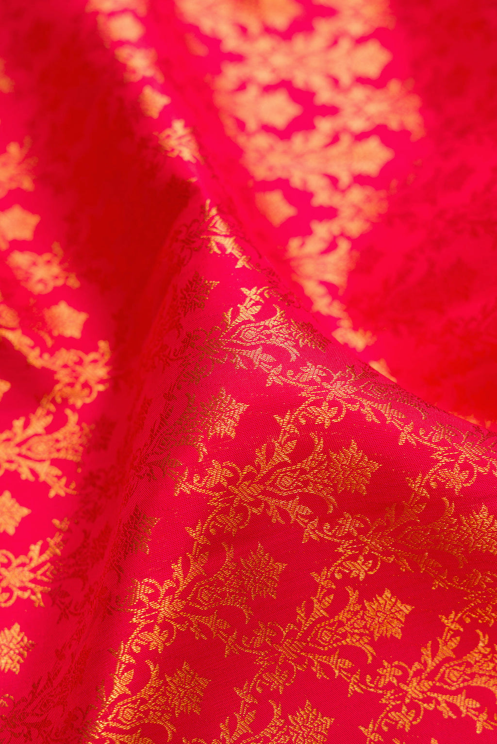 Close up of Red Kanchipuram Silk Saree with Zari Brocade on the body and Zari Border.  displaying folds
