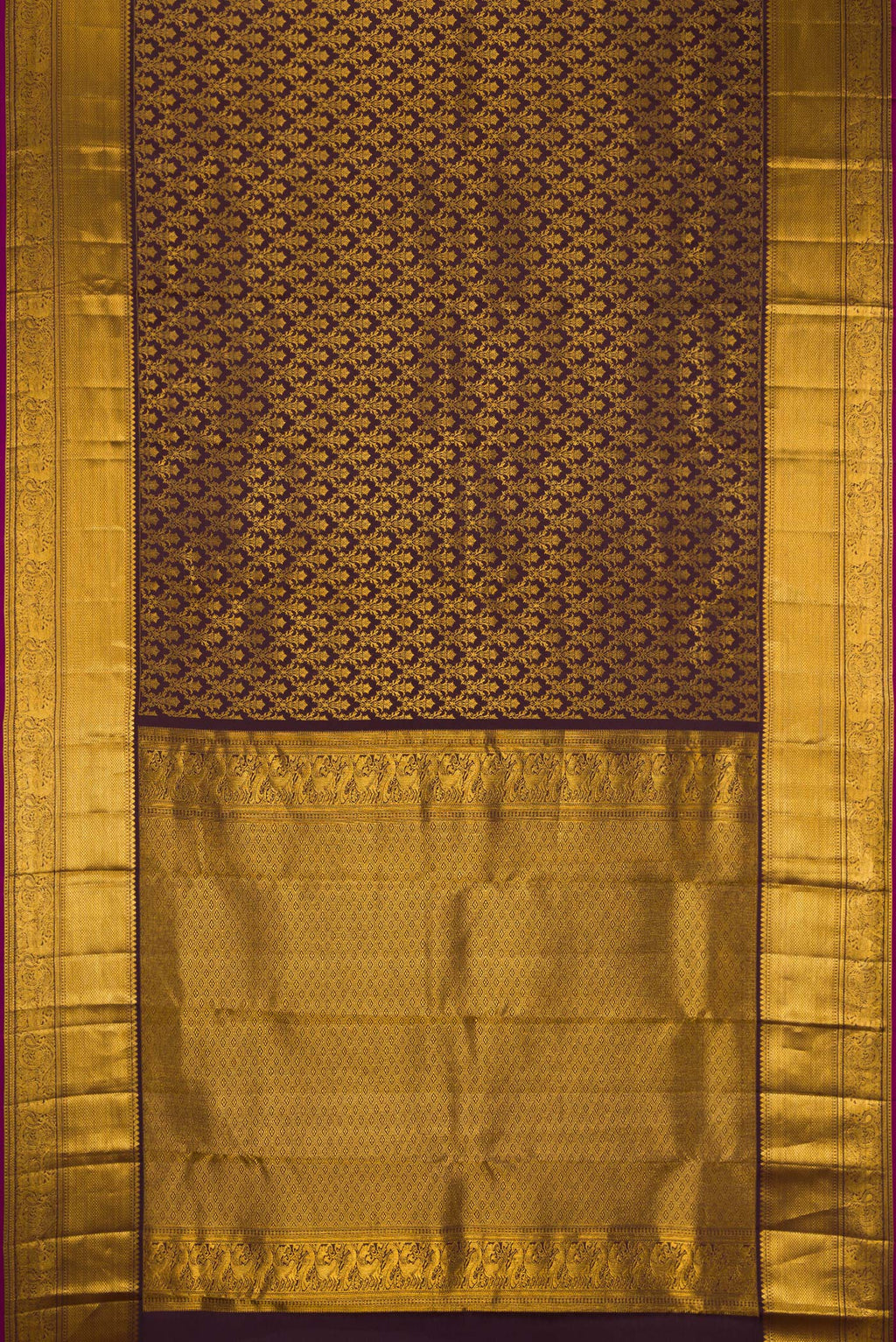 Flat view of Coffee Brown Kanchipuram Silk Saree with Zari Brocade on the body and Zari Border. 