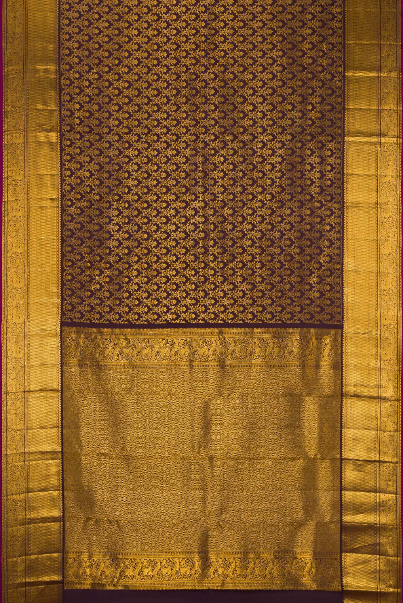 Flat view of Coffee Brown Kanchipuram Silk Saree with Zari Brocade on the body and Zari Border. 