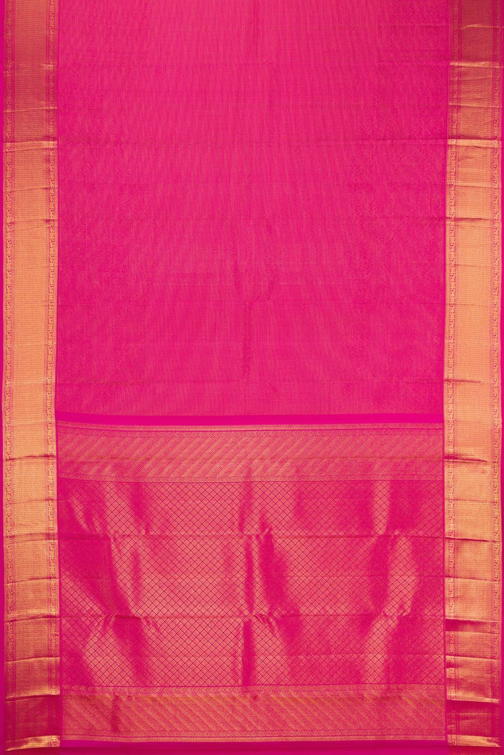 Flat view of Rani Pink Dual Tone Kanchipuram Silk Saree with Zari Brocade on the body and Zari Border. 