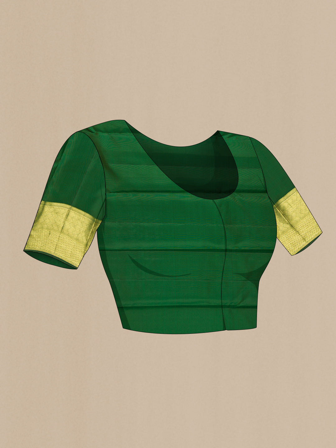 Close up image of the blouse of Bottle Green Kanchipuram Silk Saree with Zari Brocade on the body and Zari Border. 