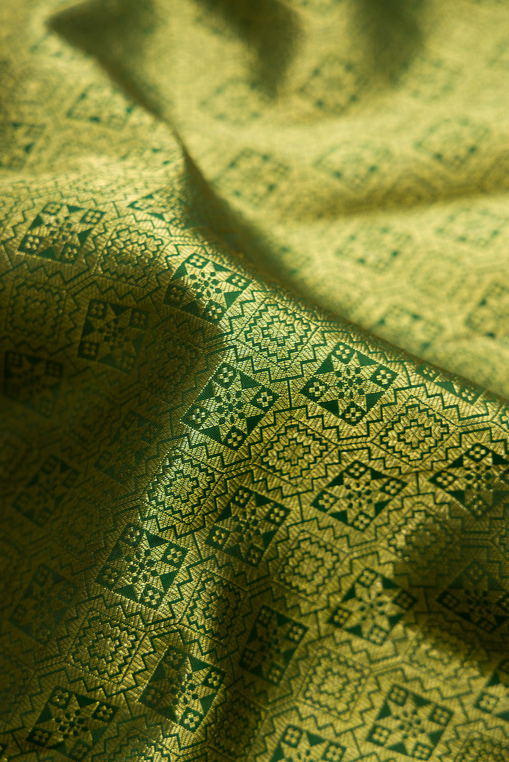 Close up of Bottle Green Kanchipuram Silk Saree with Zari Brocade on the body and Zari Border.  displaying folds