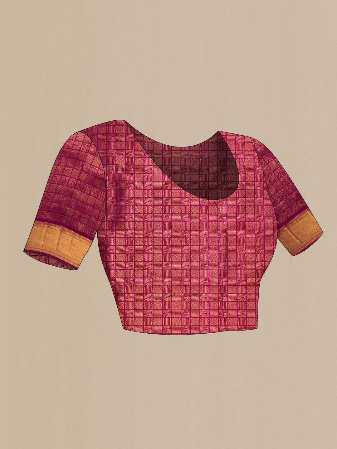 Close up image of the blouse of Dark Pink Kanjivaram Silk Saree with Zari Butta on the body and Zari Border. 