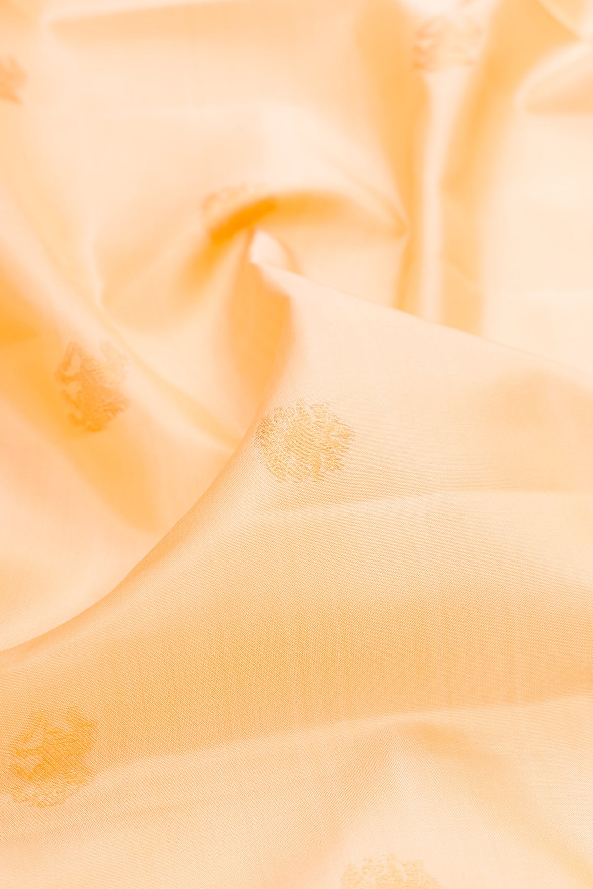 Close up of Sandal Kanjivaram Silk Saree with Zari Butta on the body and Zari Border.  displaying folds