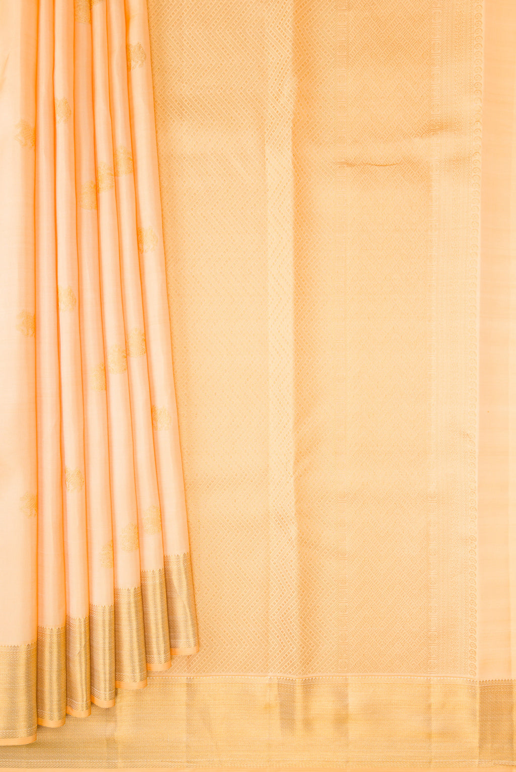 Pleats and pallu of Sandal Kanjivaram Silk Saree with Zari Butta on the body and Zari Border. 