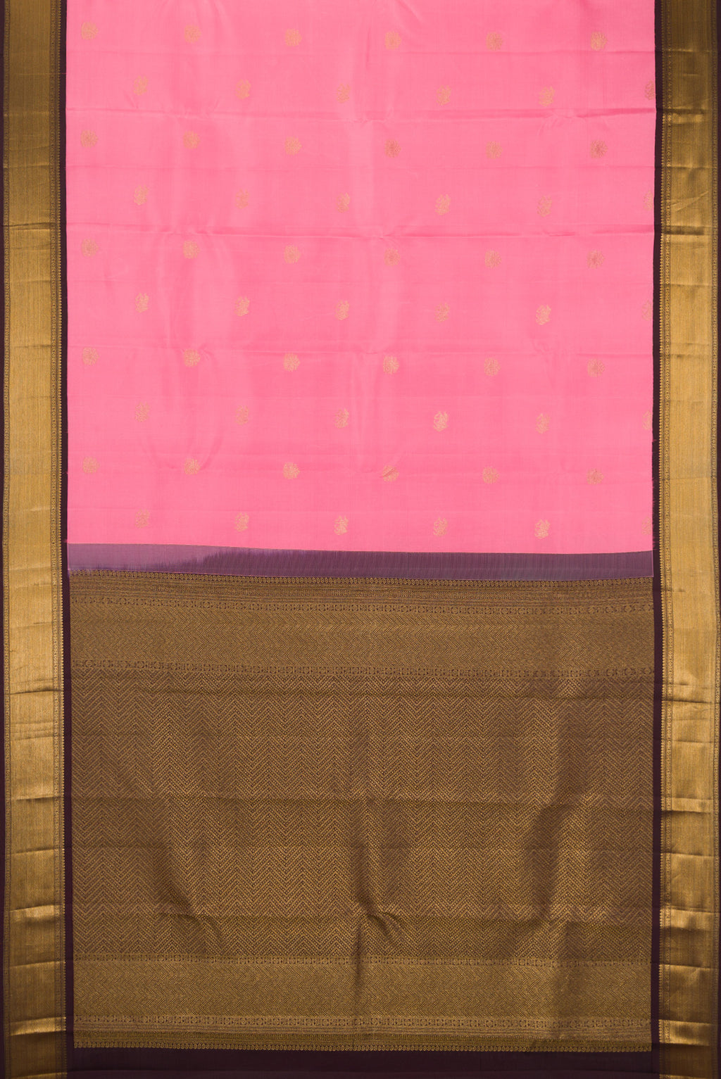 Flat view of Rose pink Kanchipuram Silk Saree with Zari Butta on the body and Zari Border. 