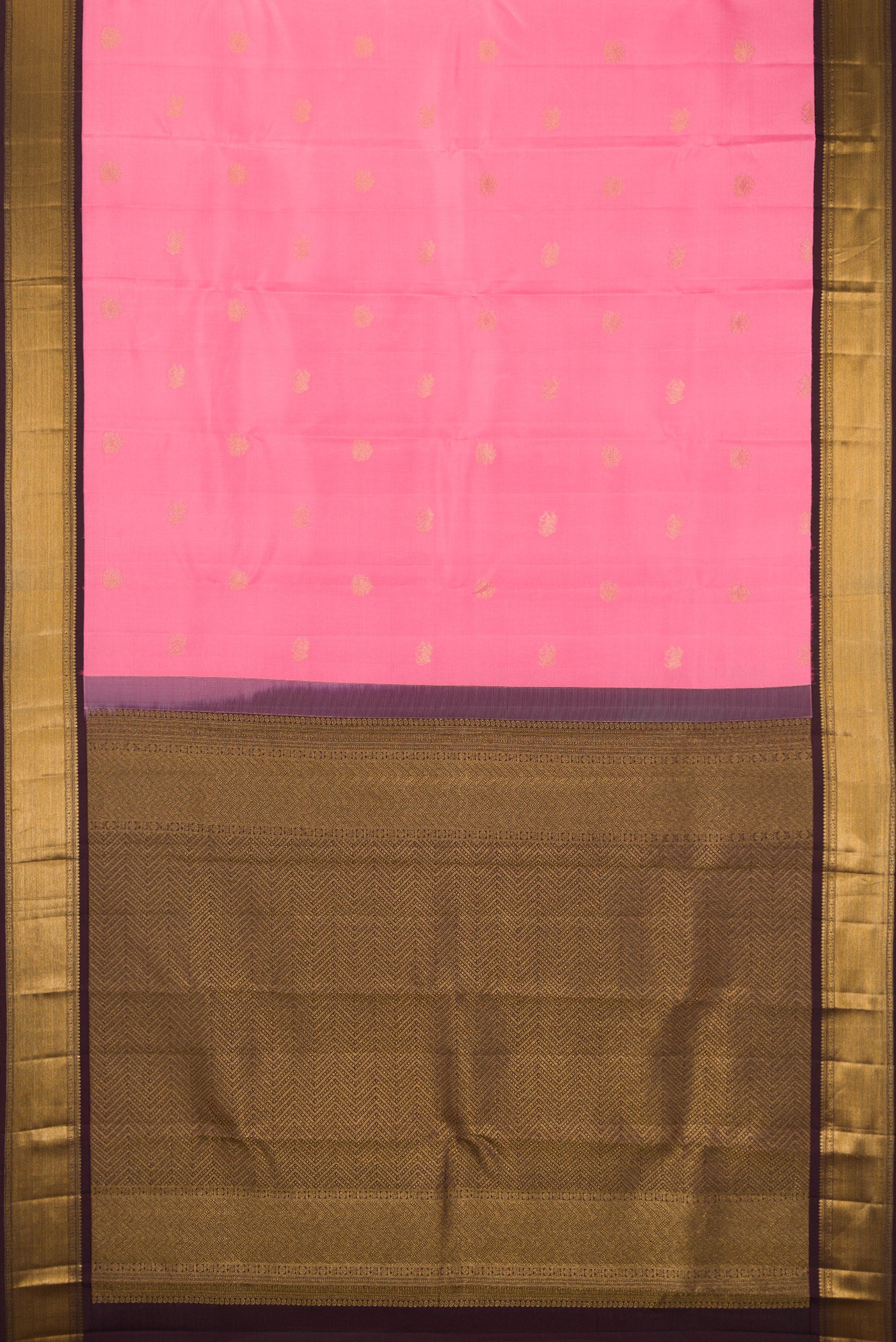 Flat view of Rose pink Kanchipuram Silk Saree with Zari Butta on the body and Zari Border. 