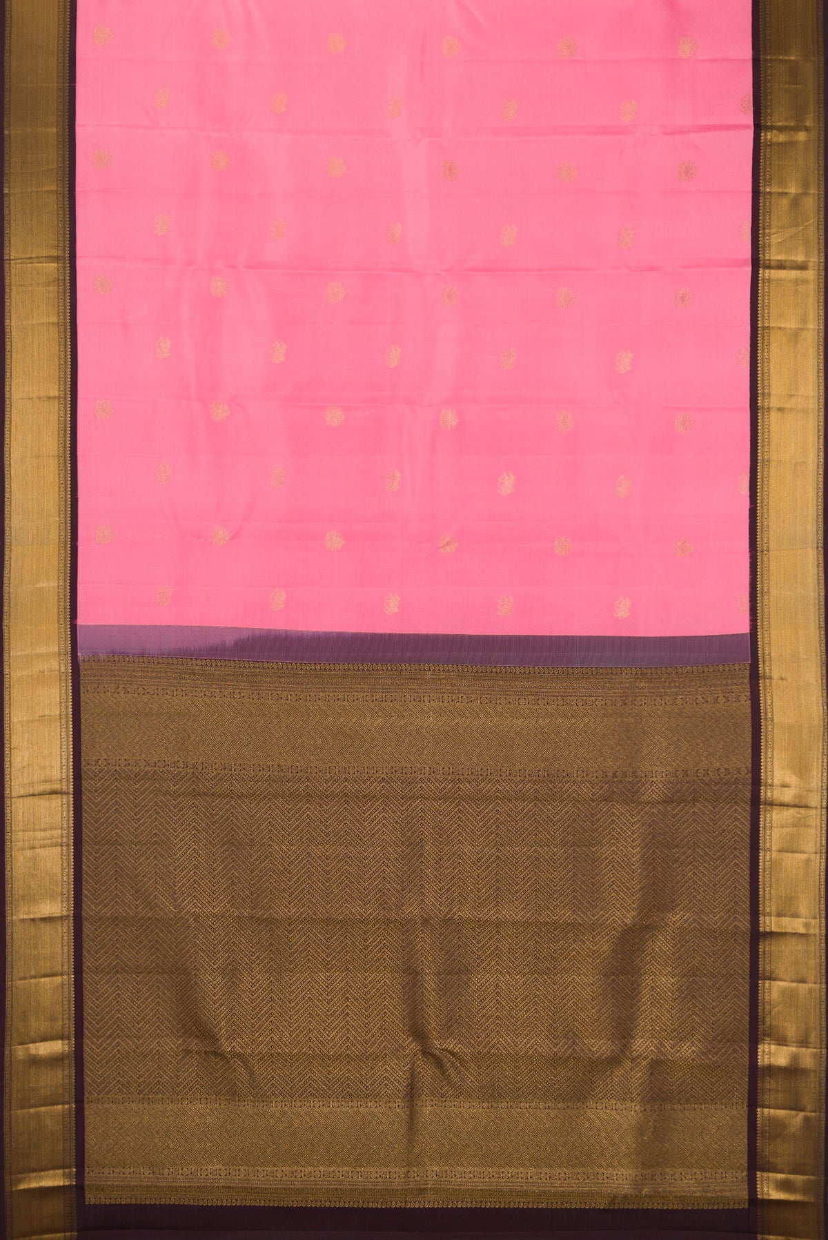 Flat view of Rose pink Kanchipuram Silk Saree with Zari Butta on the body and Zari Border. 