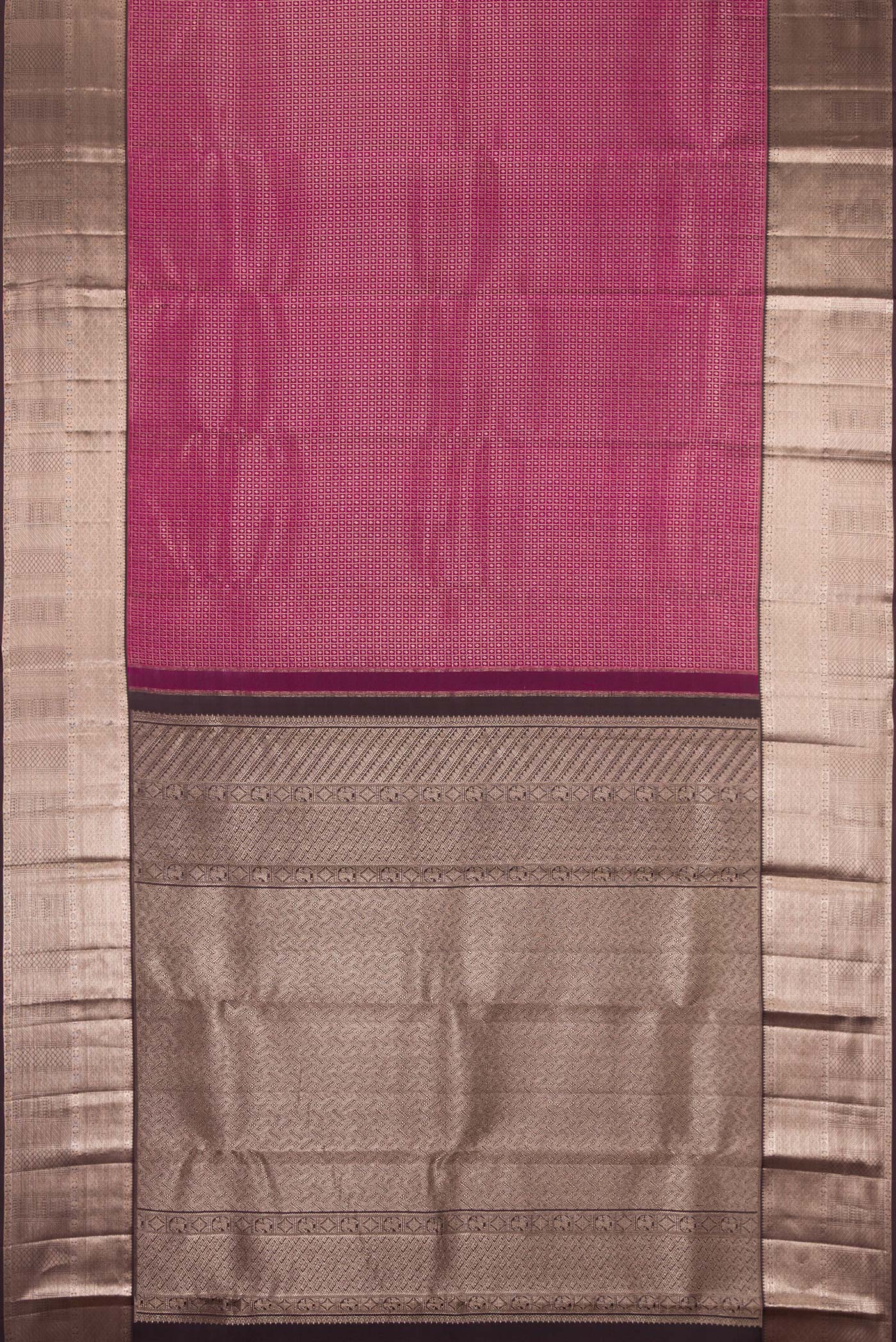 Flat view of Magenta Kanchipuram Silk Saree with Zari Brocade on the body and Zari Border. 