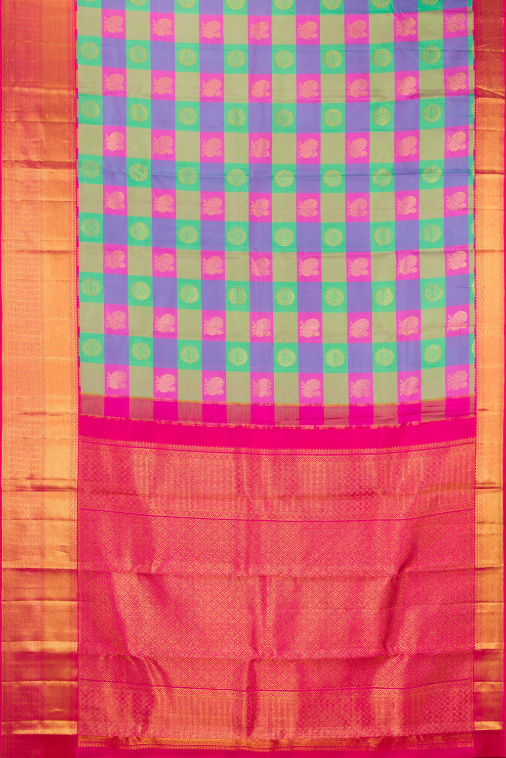 Flat view of Multi Color Kanchipuram Silk Saree with Checked design on the body and Zari Border. 