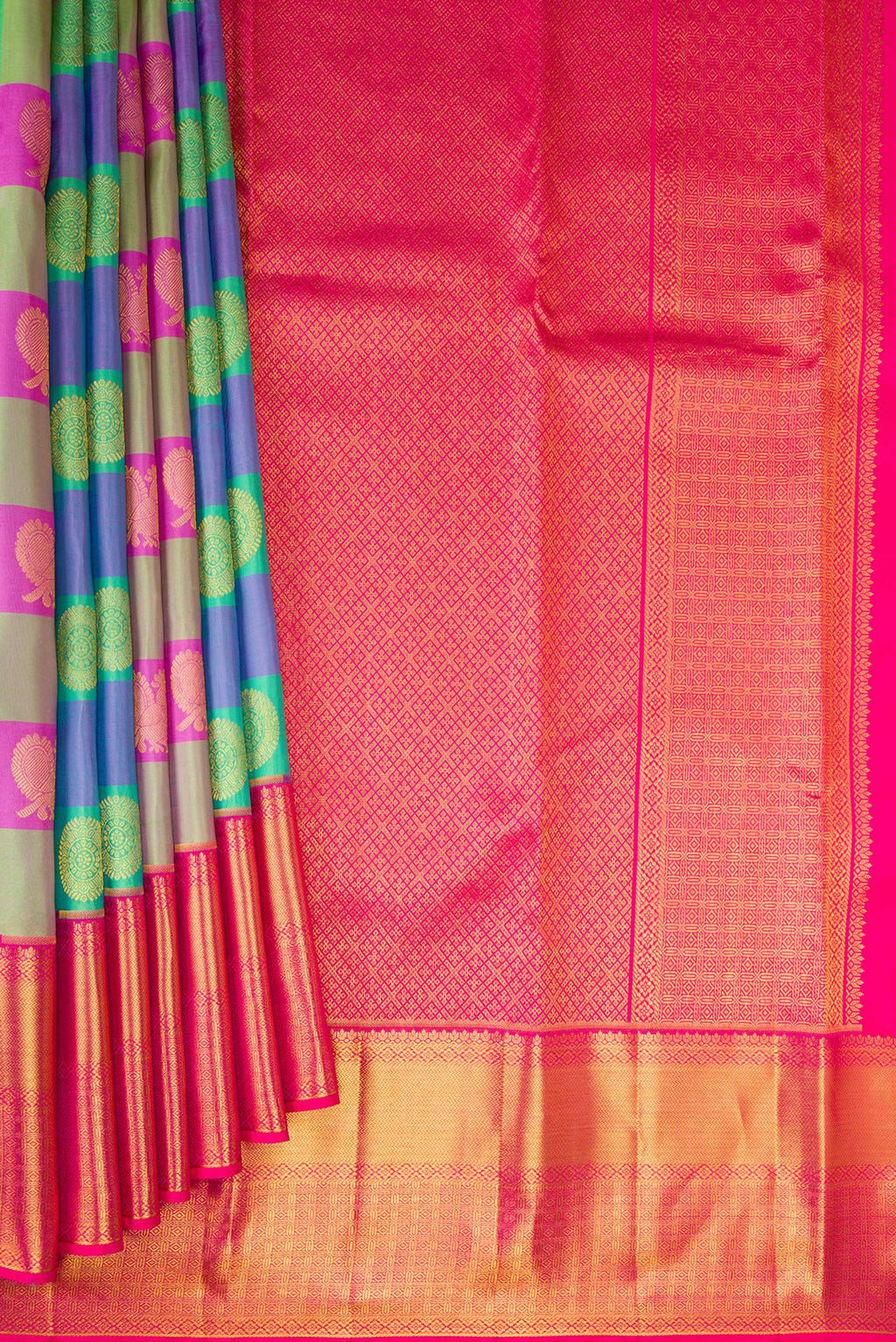 Pleats and pallu of Multi Color Kanchipuram Silk Saree with Checked design on the body and Zari Border. 