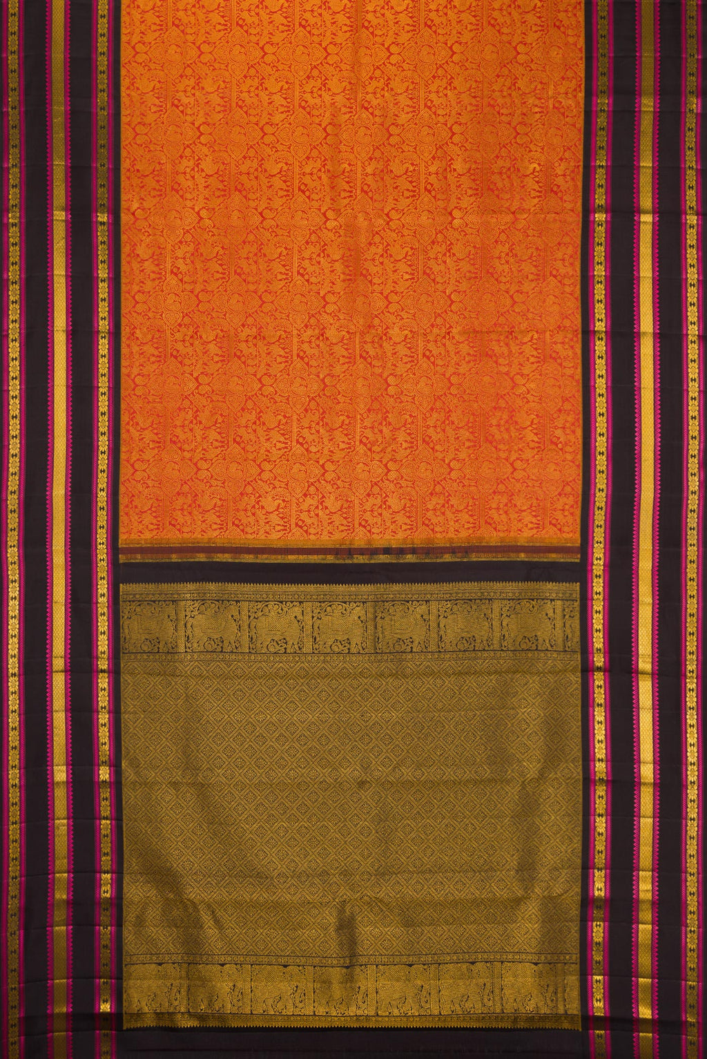 Flat view of Brick Orange Dual Tone Kanchipuram Silk Saree with Zari Brocade on the body and Zari And Thread Border. 