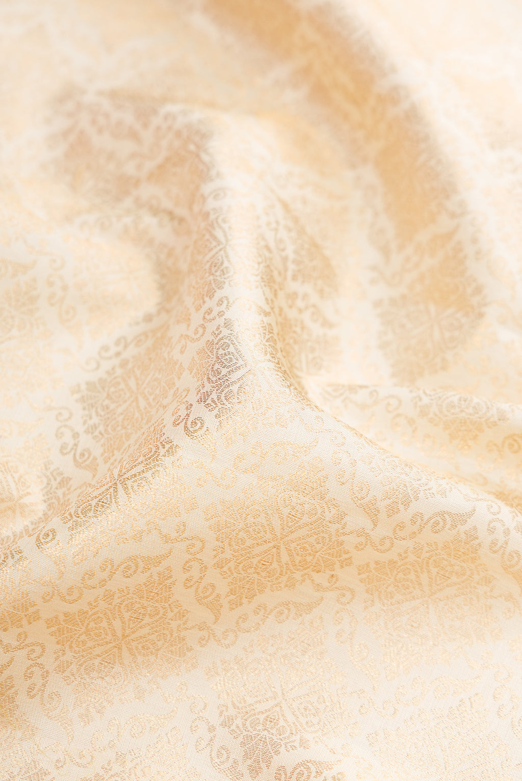 Close up of Off White Kanchipuram Silk Saree with Zari Brocade on the body and Zari Border.  displaying folds