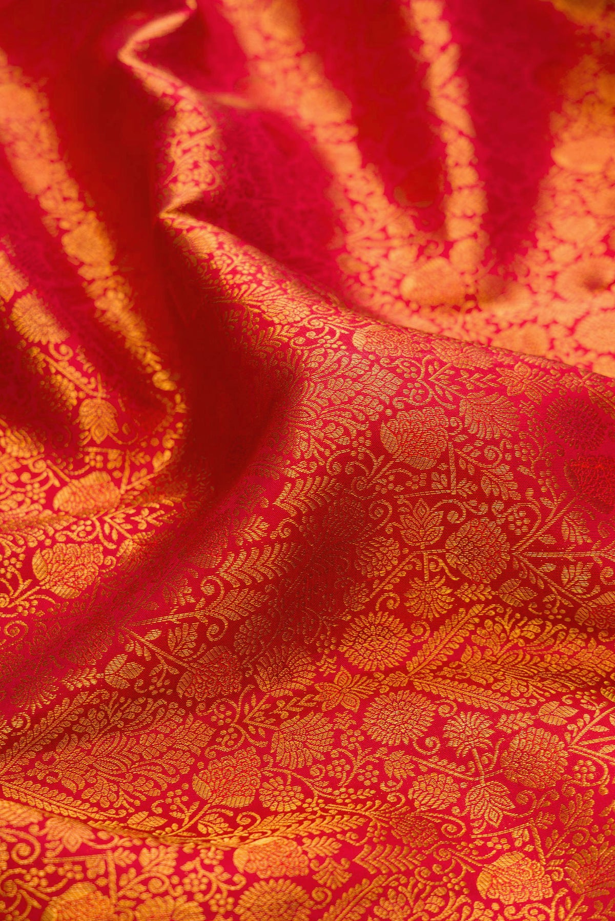 Close up of Brick Orange Kanchipuram Silk Saree with Zari Brocade on the body and Zari Border.  displaying folds
