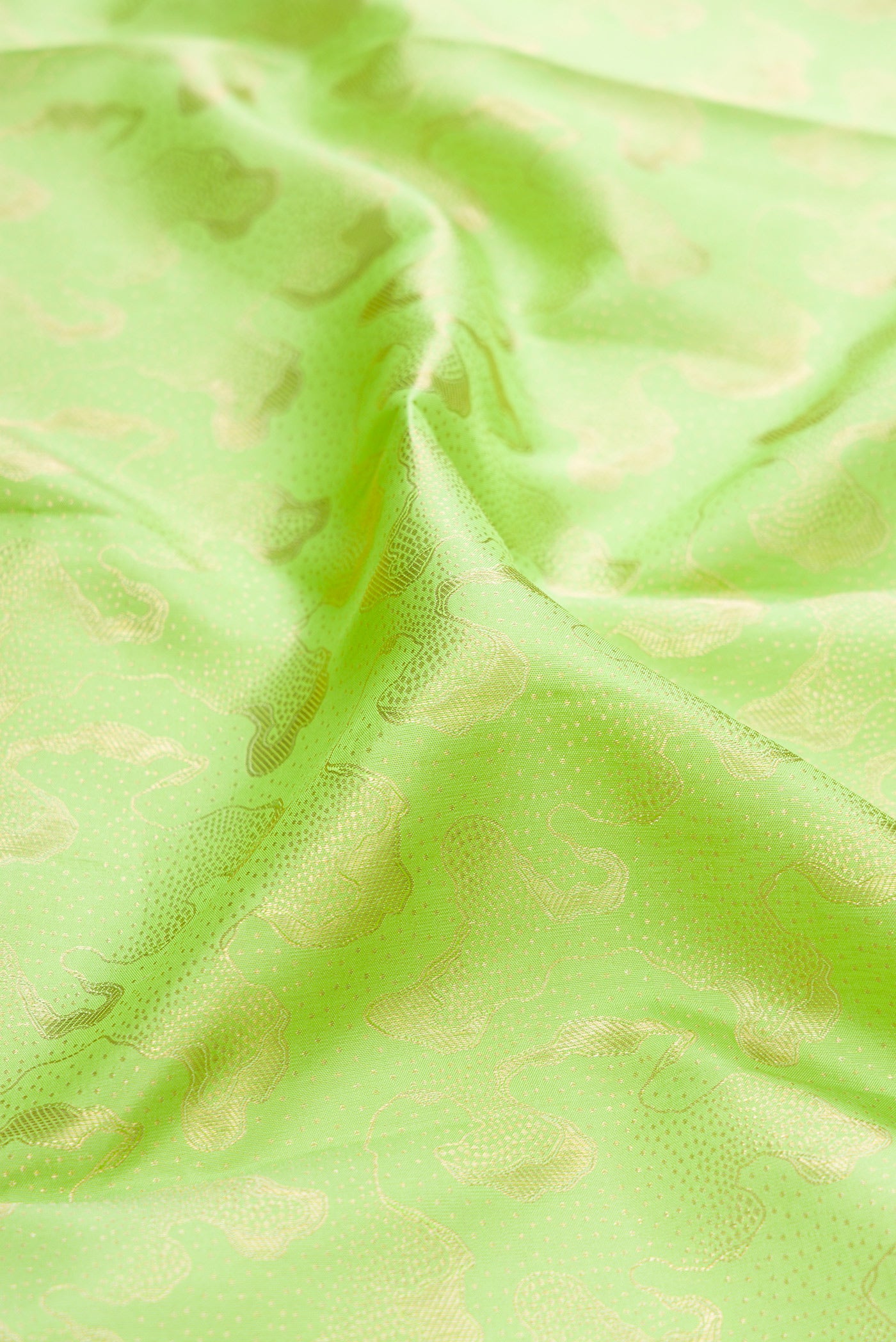 Close up of Pista Green Kanchipuram Silk Saree with Zari Brocade on the body and Zari Border.  displaying folds
