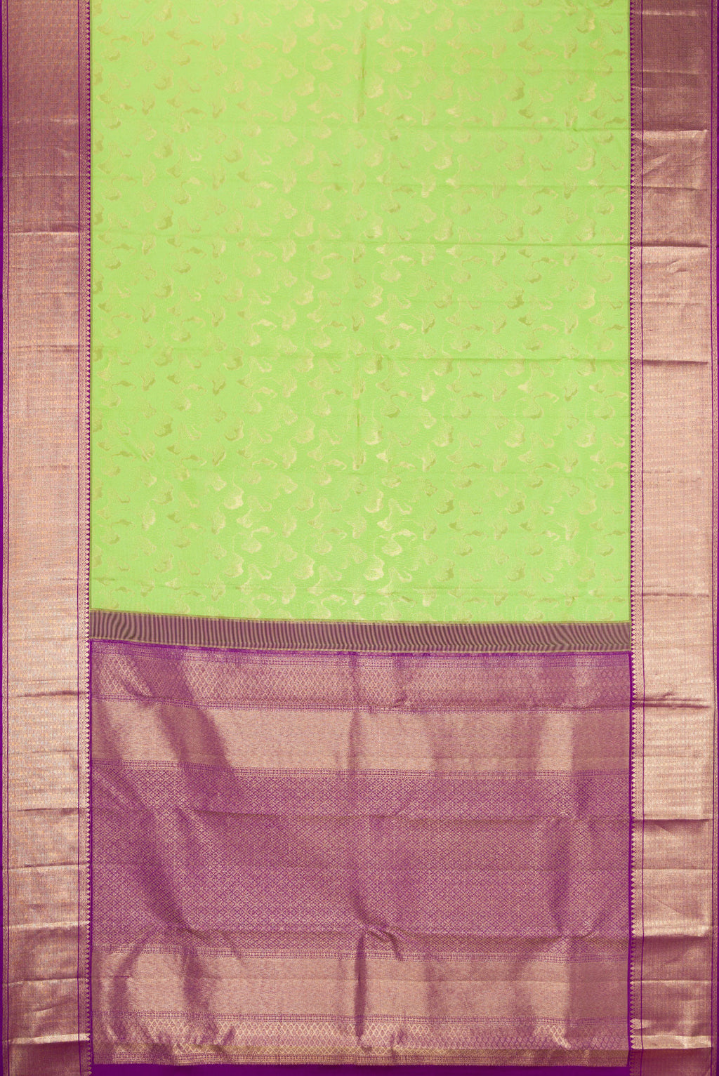 Flat view of Pista Green Kanchipuram Silk Saree with Zari Brocade on the body and Zari Border. 