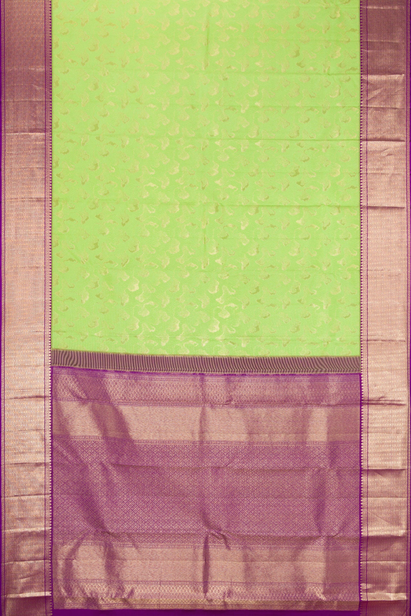 Flat view of Pista Green Kanchipuram Silk Saree with Zari Brocade on the body and Zari Border. 
