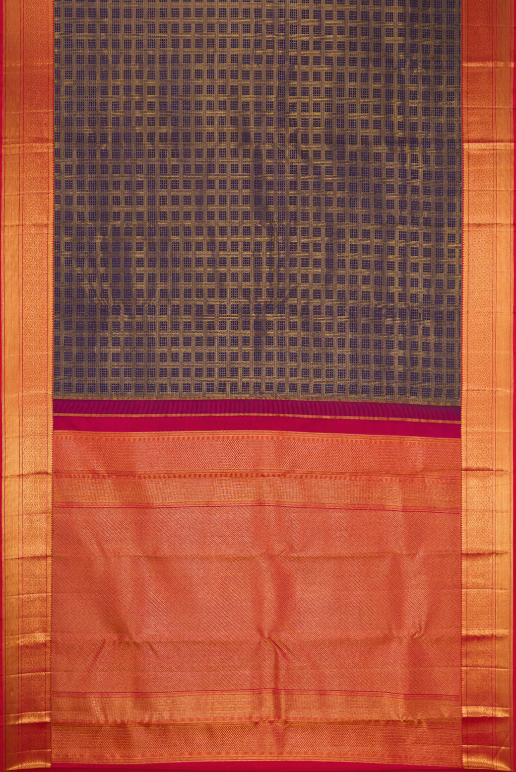 Flat view of Navy Blue Kanchipuram Silk Saree with Zari Brocade on the body and Zari Border. 