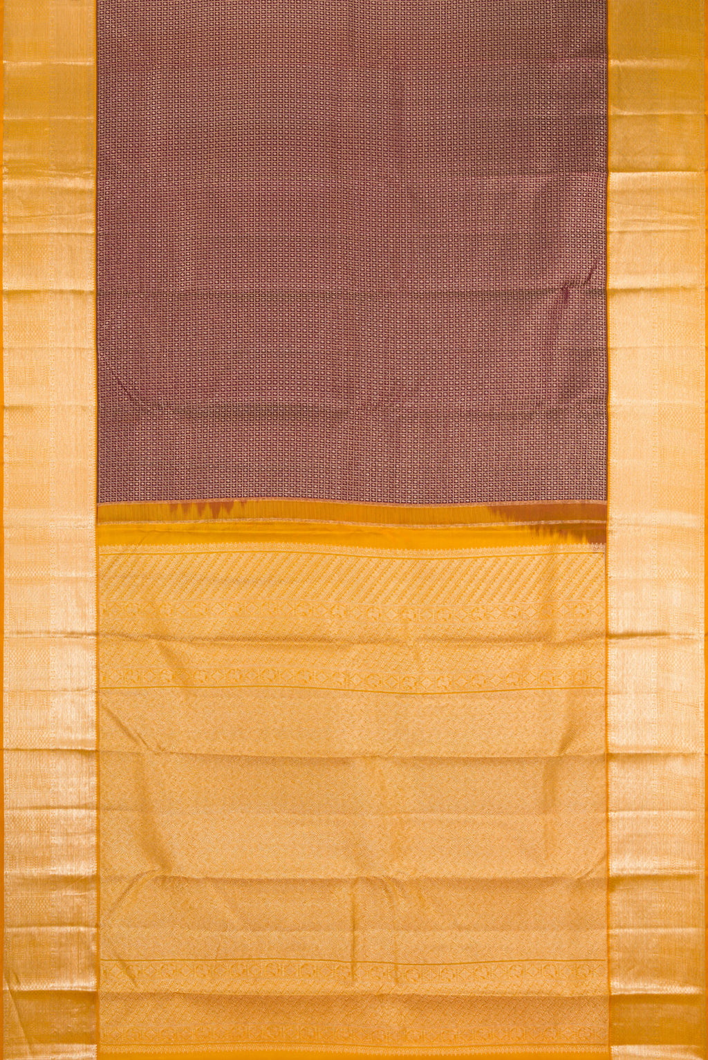 Flat view of Coffee Brown Kanchipuram Silk Saree with Zari Brocade on the body and Zari Border. 