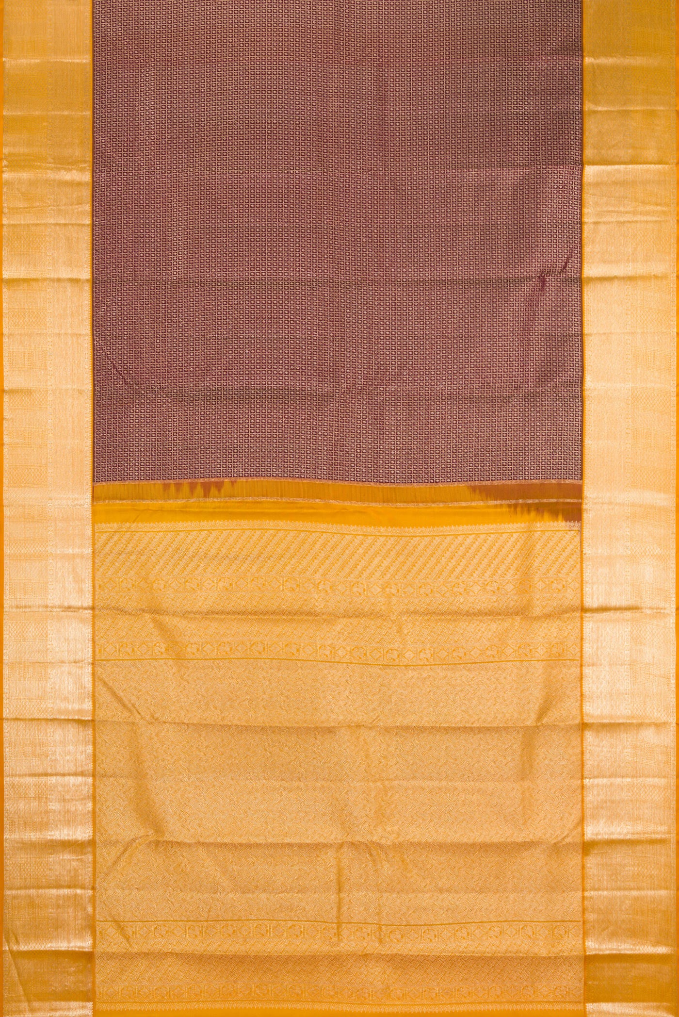 Flat view of Coffee Brown Kanchipuram Silk Saree with Zari Brocade on the body and Zari Border. 