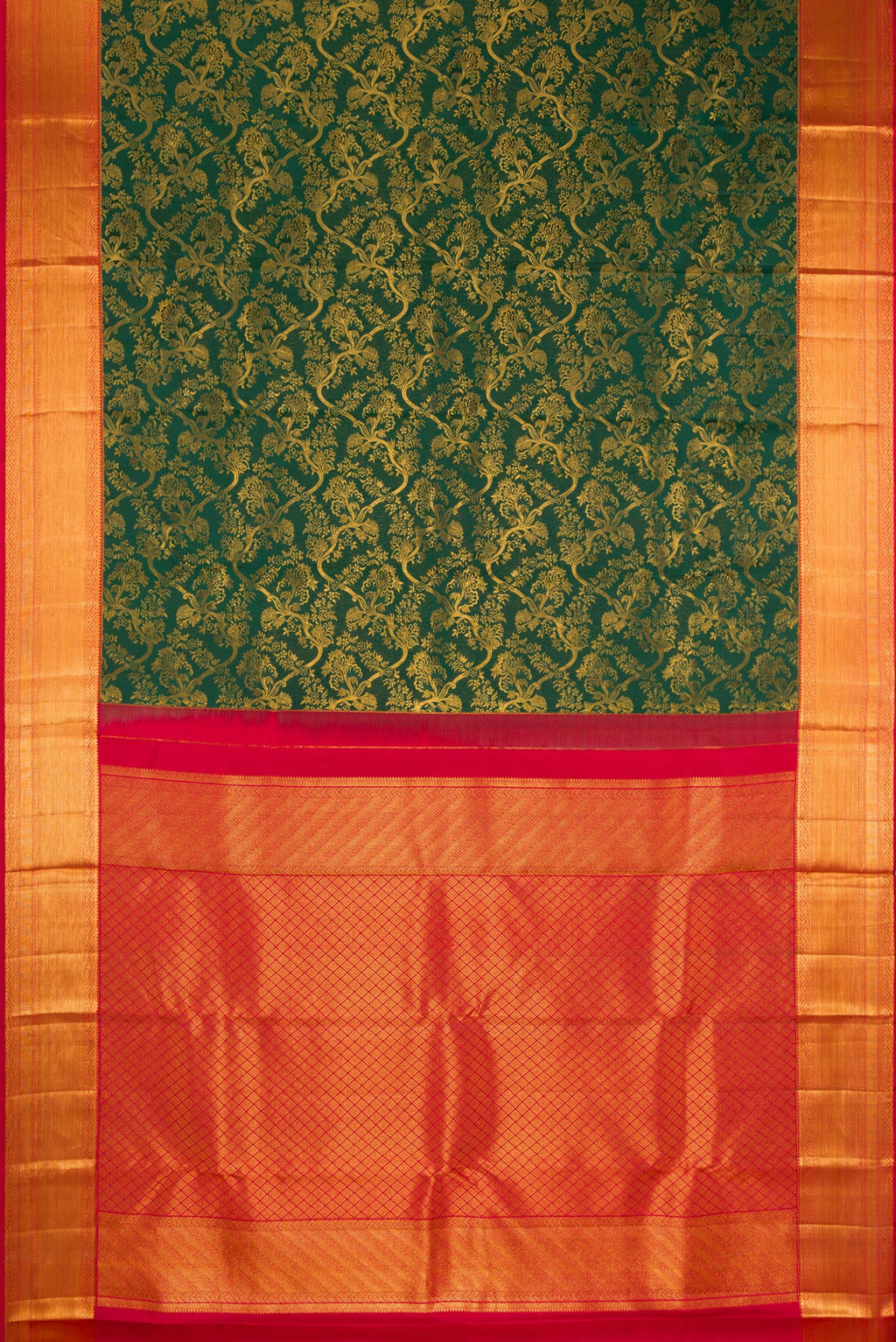 Flat view of Pure Silk Bottle Green Kanchipuram Saree with Zari Brocade on the body and Zari Border. 