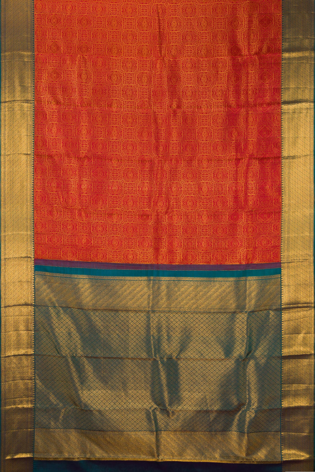 Flat view of Pure Silk Red Kanchipuram Saree with Zari Brocade on the body and Zari Border. 