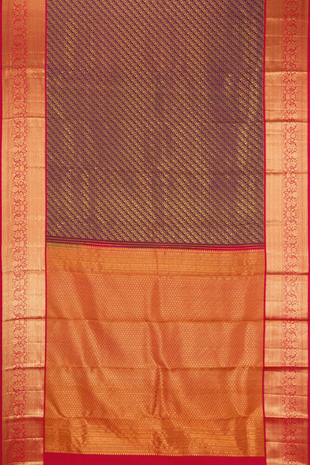 Flat view of Burgundy Kanchipuram Silk Saree with Zari Brocade on the body and Fancy Border. 