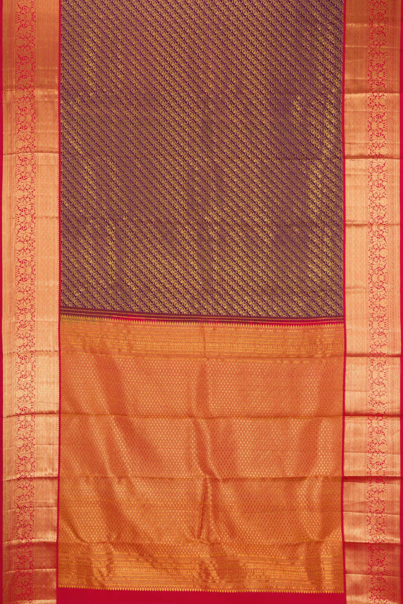 Flat view of Burgundy Kanchipuram Silk Saree with Zari Brocade on the body and Fancy Border. 