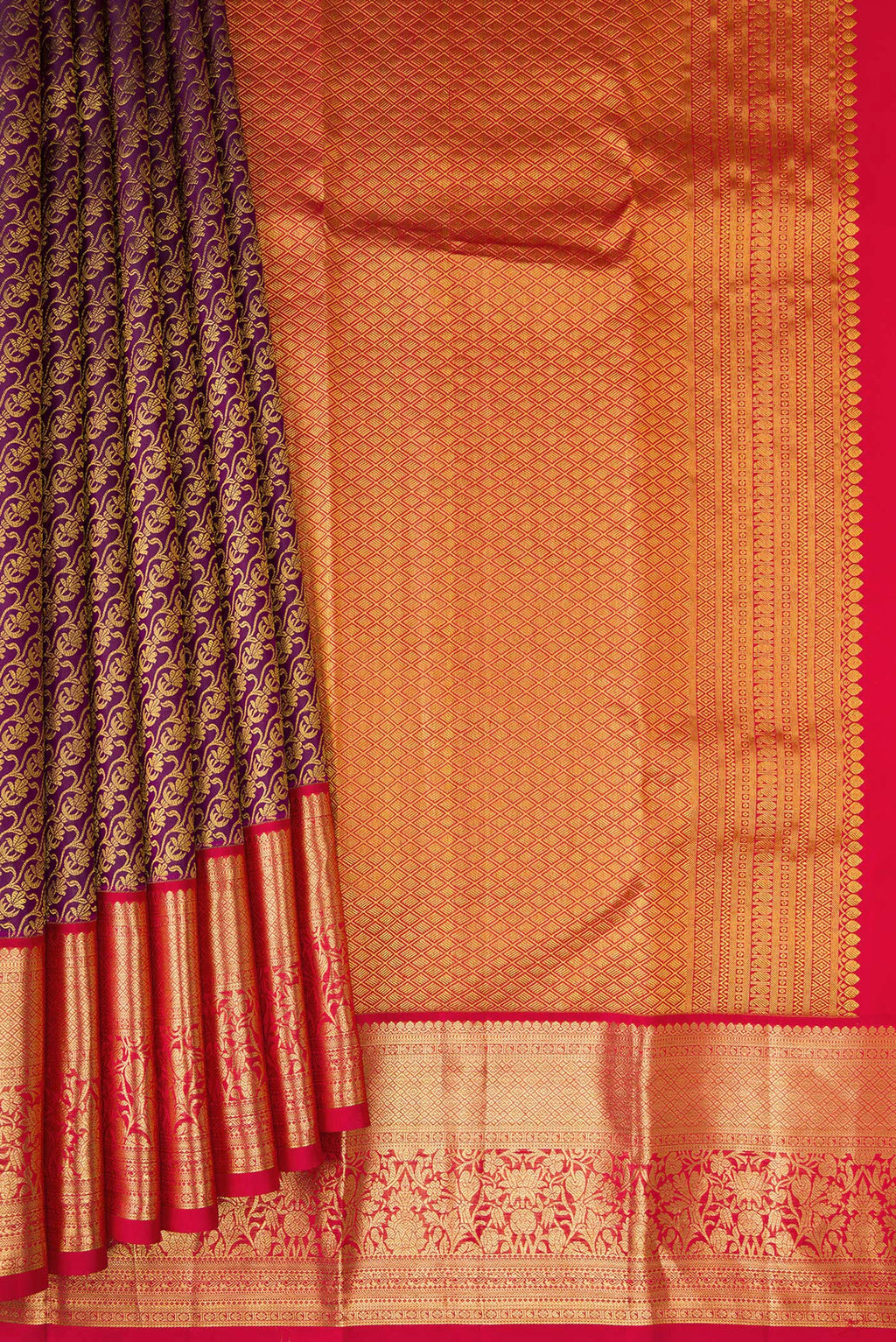 Pleats and pallu of Burgundy Kanchipuram Silk Saree with Zari Brocade on the body and Fancy Border. 