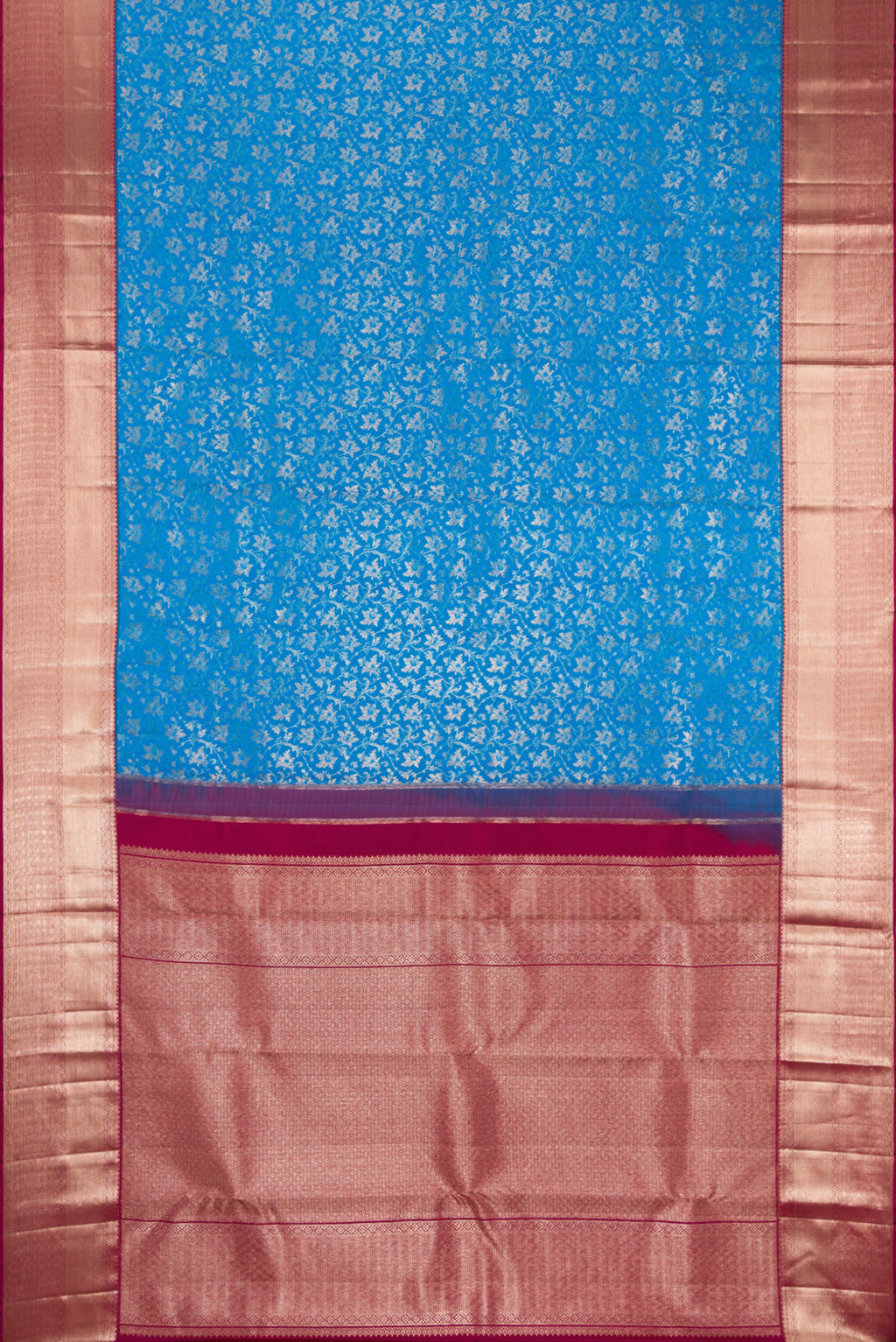 Flat view of Blue Kanchipuram Silk Saree with Zari Brocade on the body and Zari Border. 