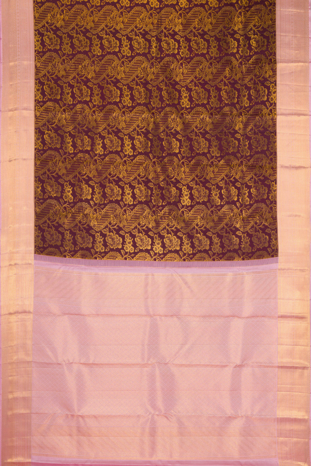 Flat view of Coffee Brown Kanchipuram Silk Saree with Zari Brocade on the body and Zari Border. 