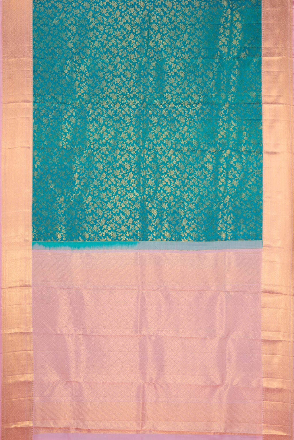Flat view of Teal Kanchipuram Silk Saree with Zari Brocade on the body and Zari Border. 