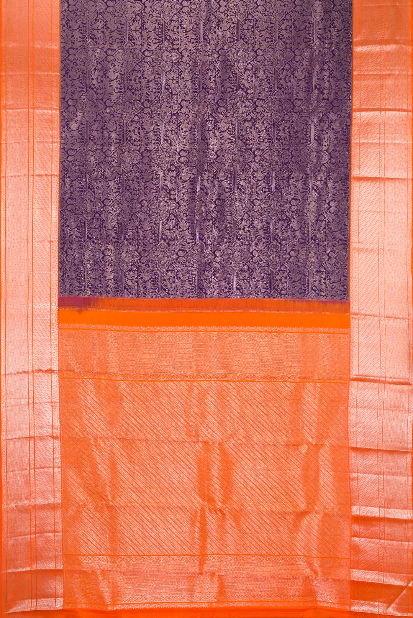 Flat view of Navy Blue Kanchipuram Silk Saree with Zari Brocade on the body and Zari Border. 