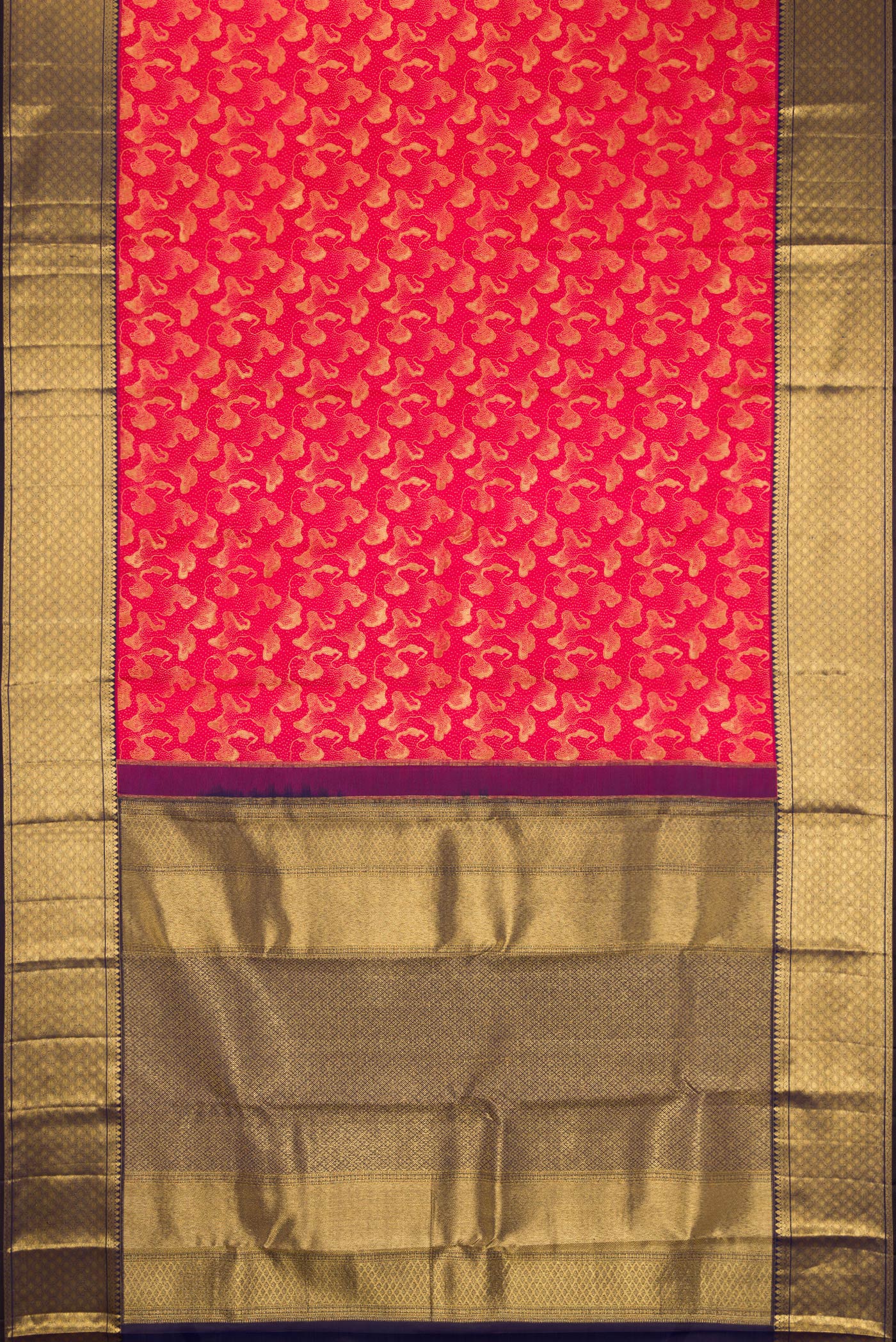 Flat view of Dark Pink Kanchipuram Silk Saree with Zari Brocade on the body and Zari Border. 