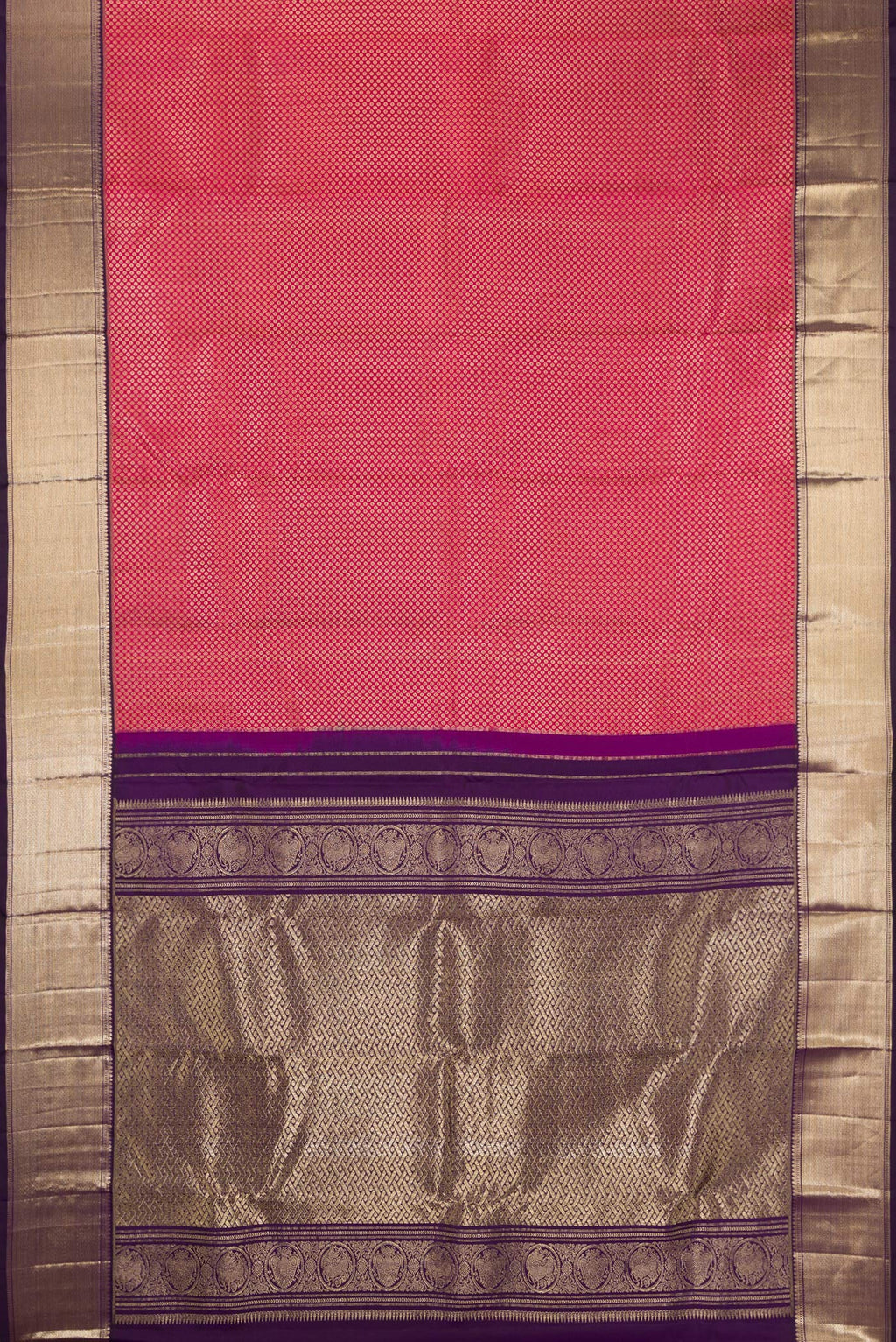 Flat view of Rani Pink Kanchipuram Silk Saree with Zari Brocade on the body and Zari Border. 