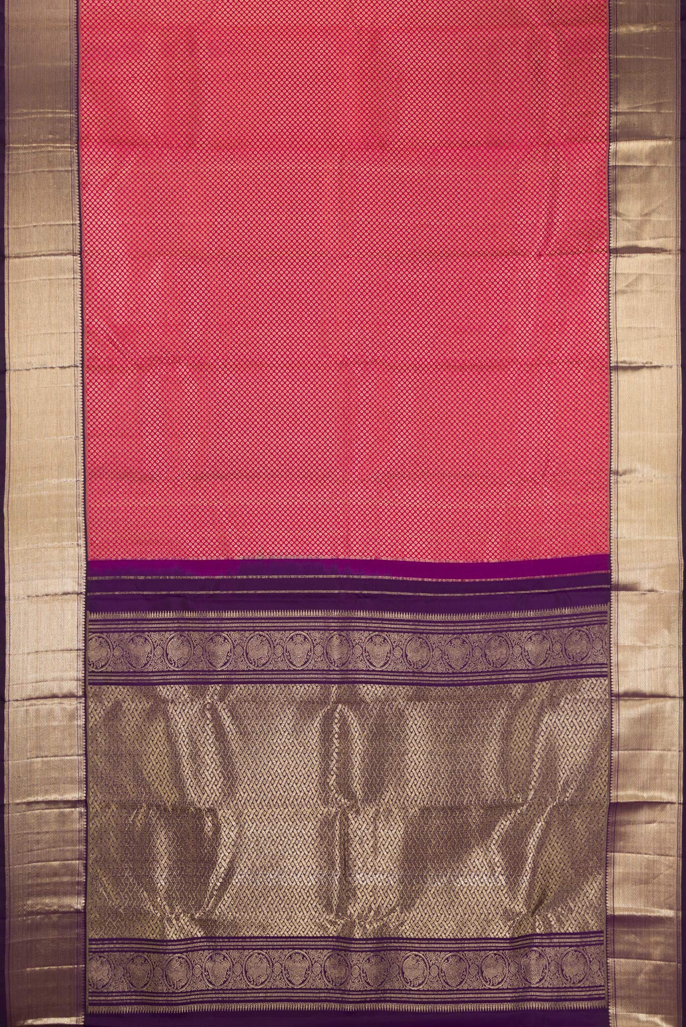 Flat view of Rani Pink Kanchipuram Silk Saree with Zari Brocade on the body and Zari Border. 