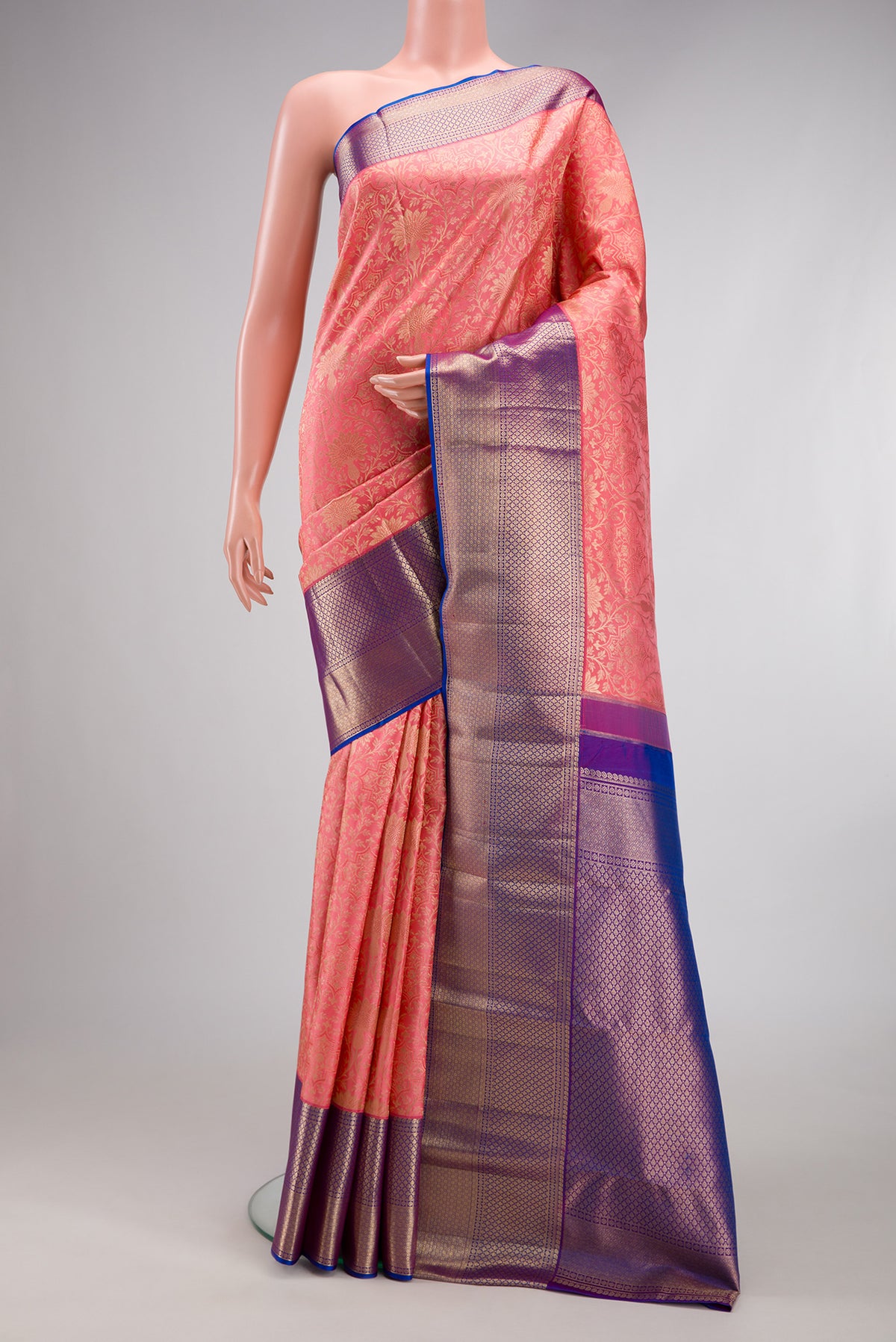 Pink Dual Tone Kanchipuram Silk Saree with Zari Brocade on the body and Fancy Border.  displayed on a mannequin