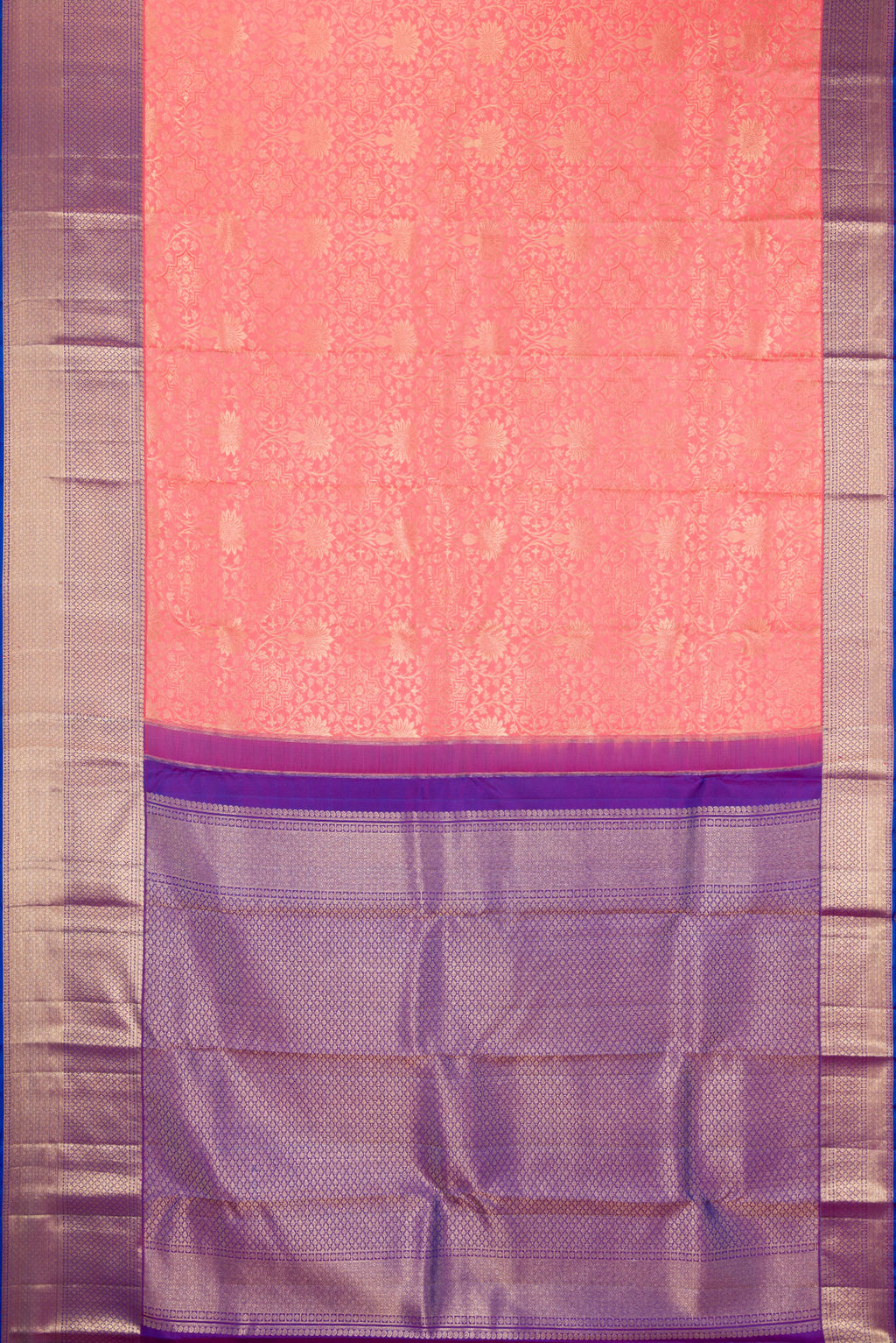 Flat view of Pink Dual Tone Kanchipuram Silk Saree with Zari Brocade on the body and Fancy Border. 