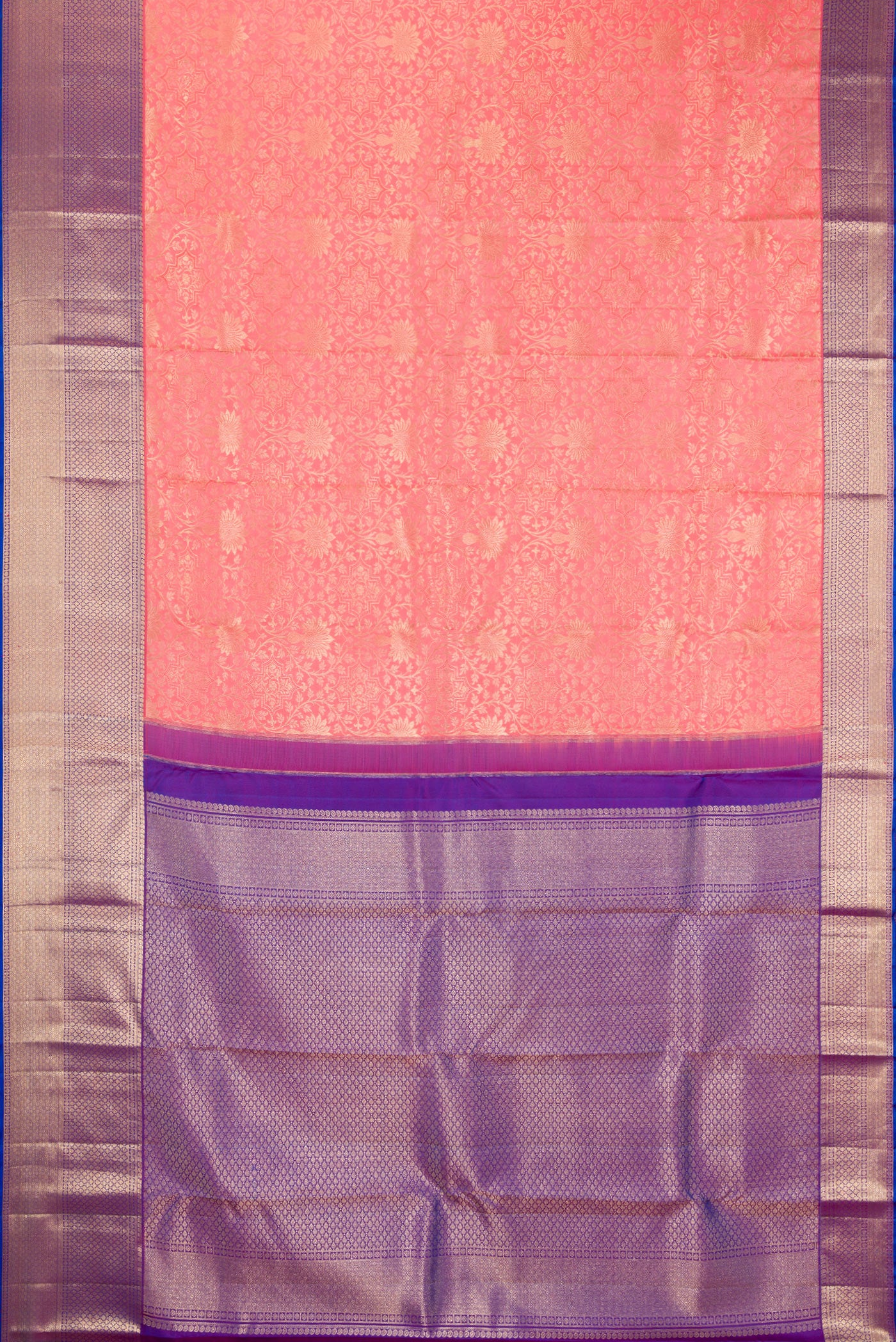 Flat view of Pink Dual Tone Kanchipuram Silk Saree with Zari Brocade on the body and Fancy Border. 