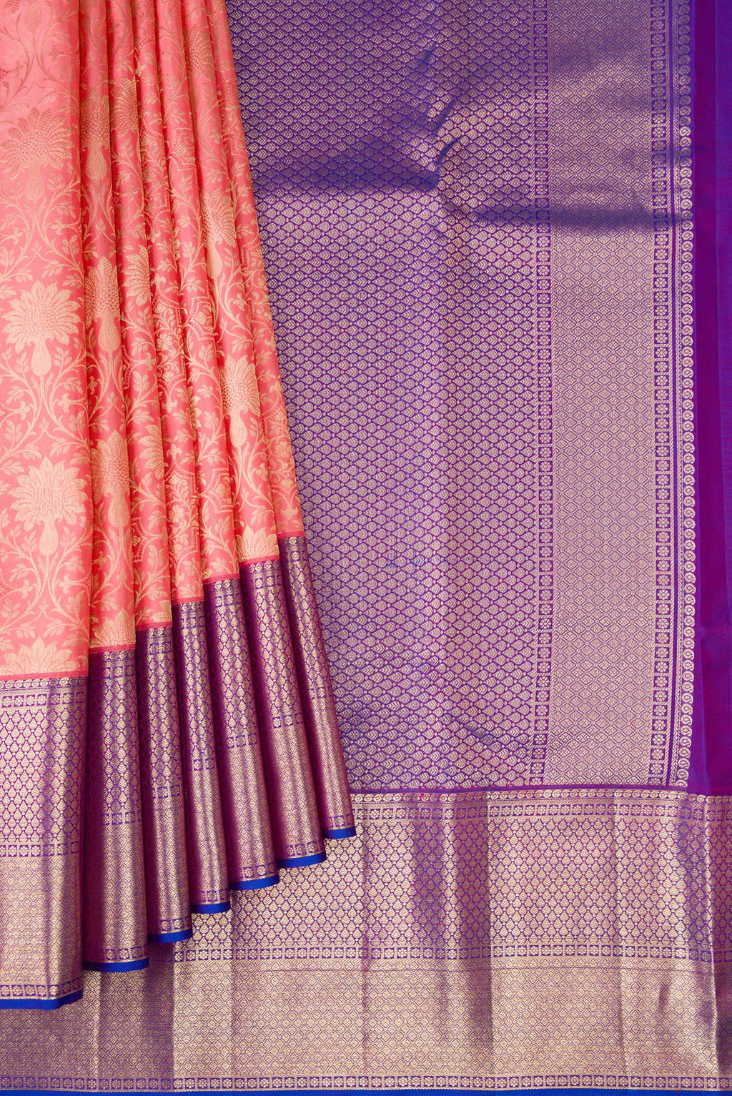 Pleats and pallu of Pink Dual Tone Kanchipuram Silk Saree with Zari Brocade on the body and Fancy Border. 