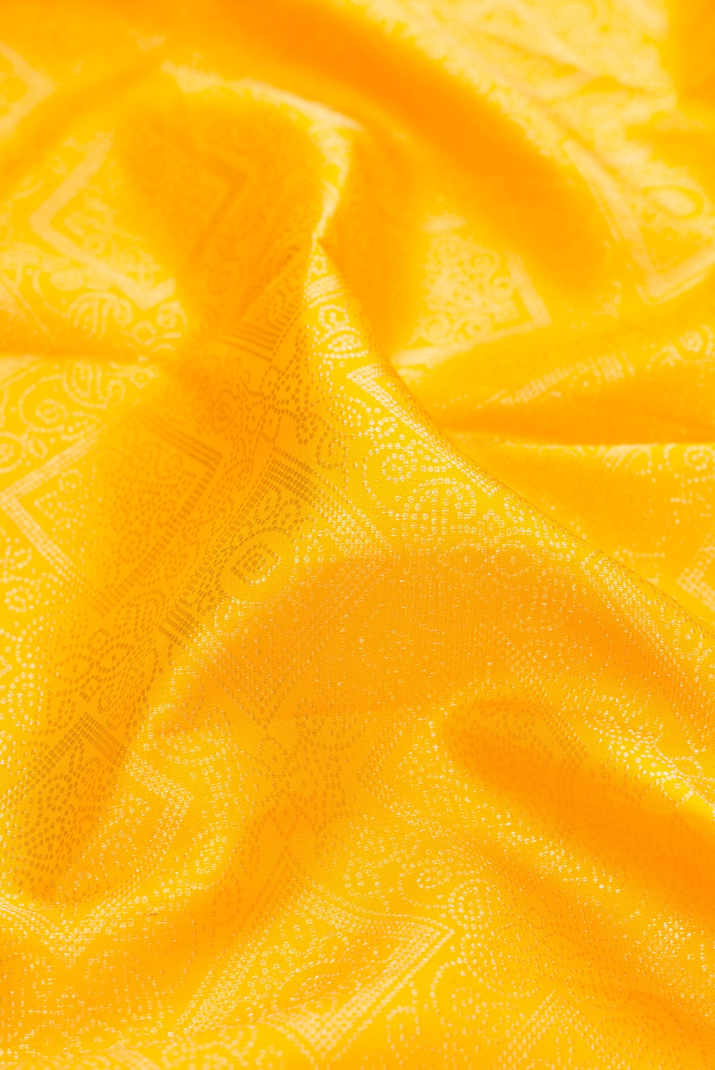 Close up of Yellow Kanjivaram Silk Saree with Zari Brocade on the body and Zari Border.  displaying folds