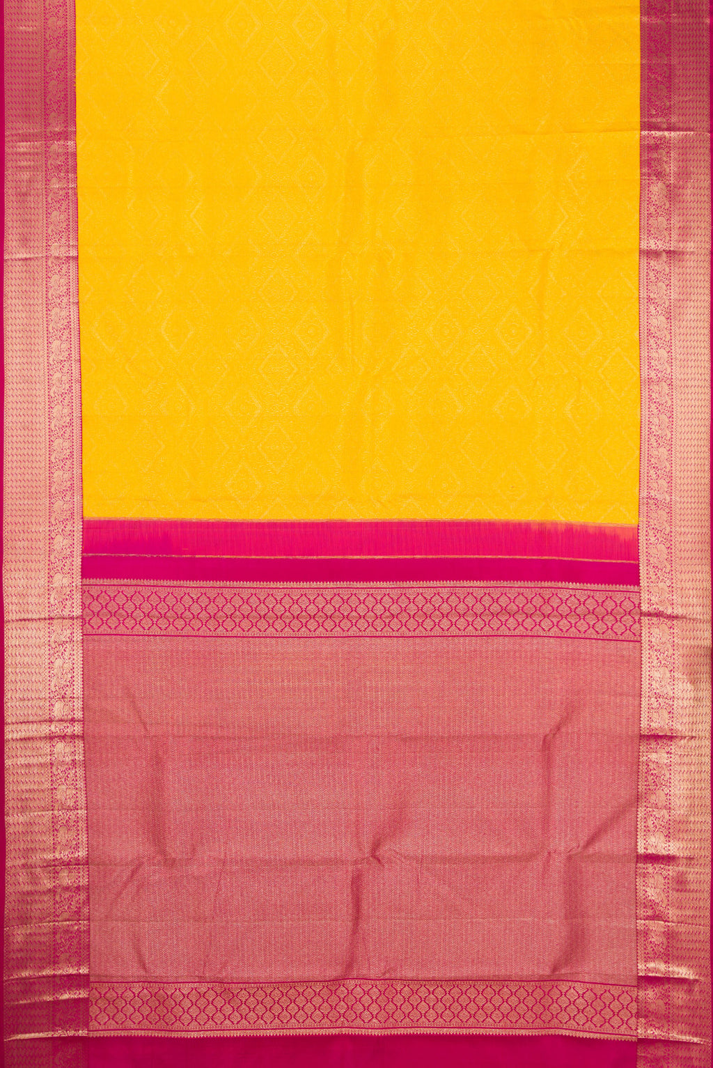 Flat view of Yellow Kanjivaram Silk Saree with Zari Brocade on the body and Zari Border. 