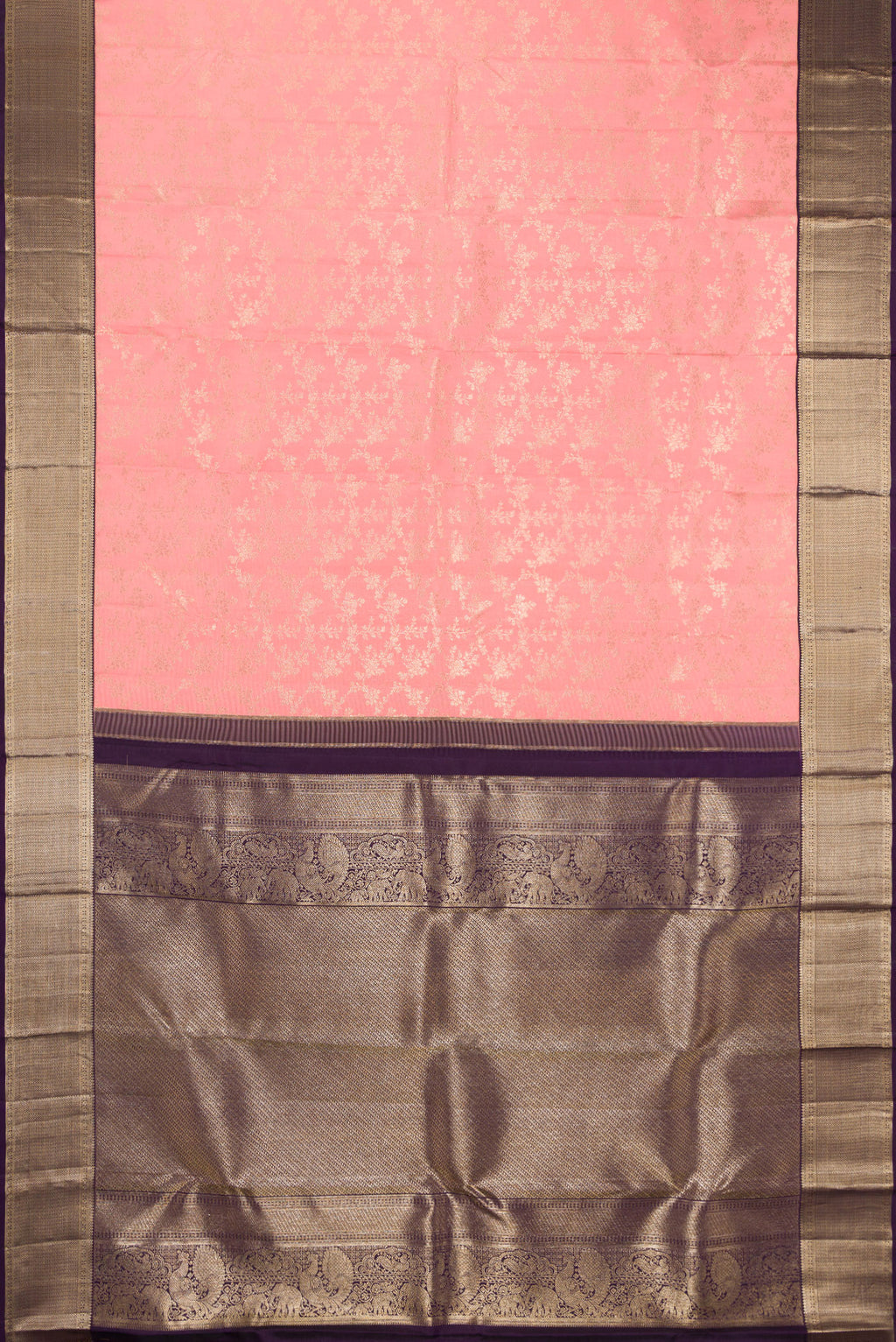 Flat view of Pure Silk Peach Kanjivaram Saree with Zari Brocade on the body and Zari Border. 