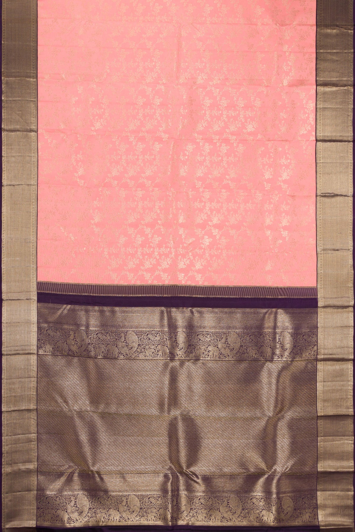 Flat view of Pure Silk Peach Kanjivaram Saree with Zari Brocade on the body and Zari Border. 