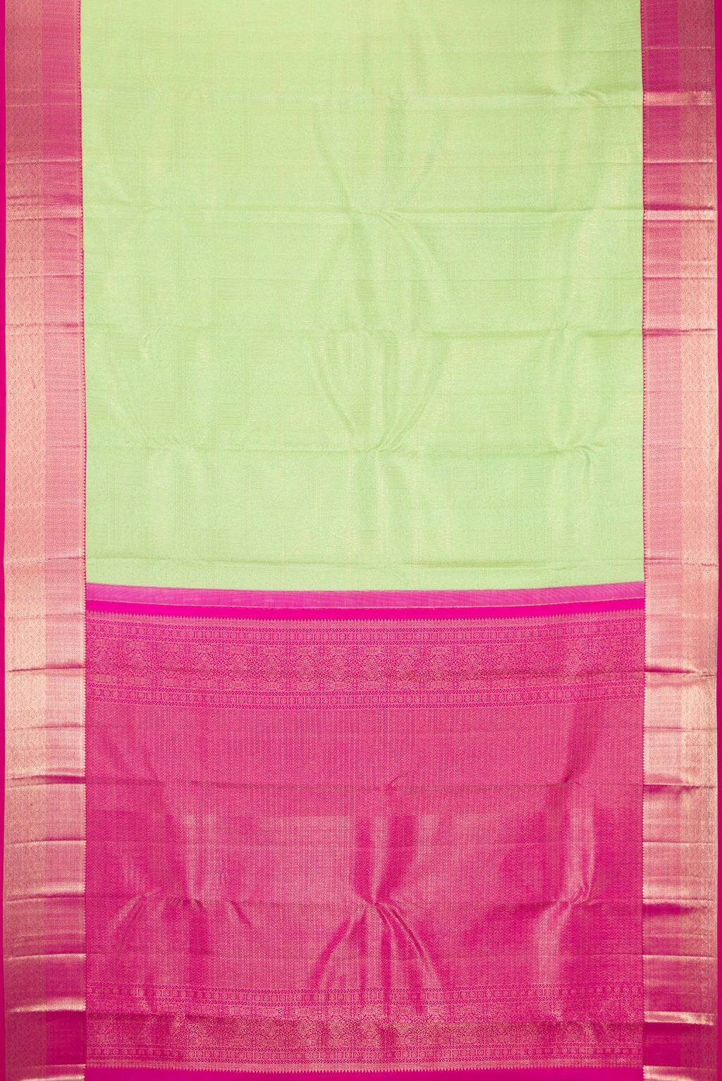 Flat view of Mint Green Kanjivaram Silk Saree with Zari Brocade on the body and Zari Border. 